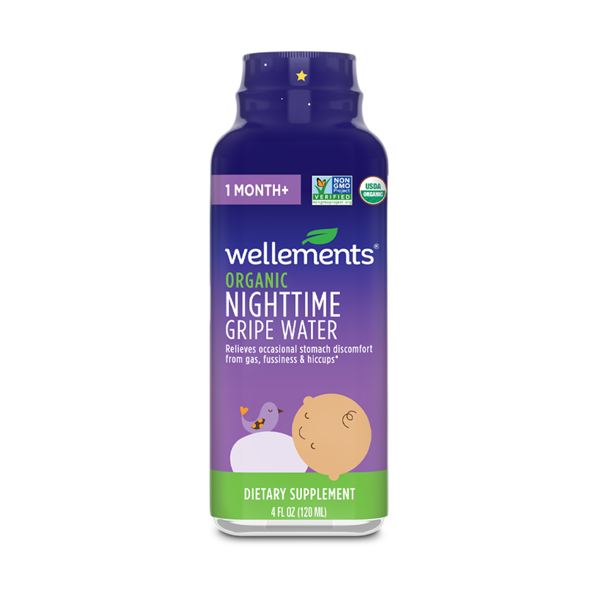 Wellements Organic Nighttime Gripe Water for Babies 1 Month+ (4 Fl Oz) - Baby Gripe Water for Bedtime Relief Gas, Colic & Fussiness - Herbs Promote a Peaceful Night’s Sleep - USDA Certified & Non GMO