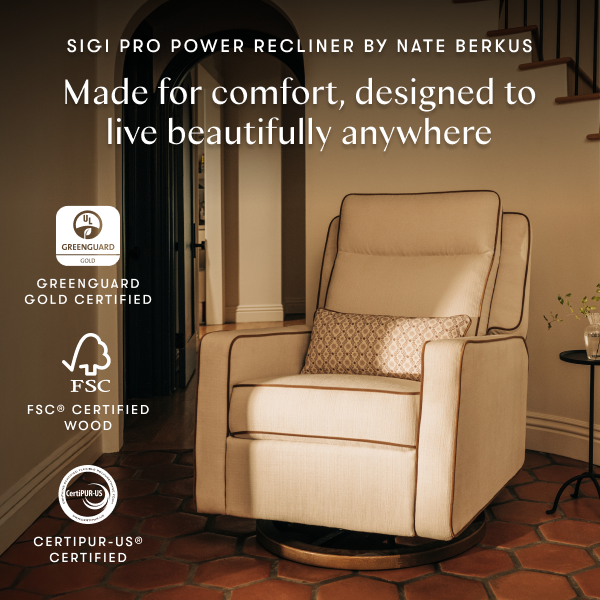 babyletto Sigi Pro Power Recliner and Swivel Glider by Nate Berkus - Performance Cream Linen W/ Toffee Base.