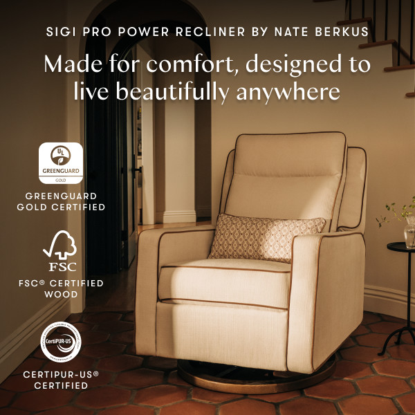 babyletto Sigi Pro Power Recliner and Swivel Glider by Nate Berkus - Performance Cream Linen W/ Toffee Base.