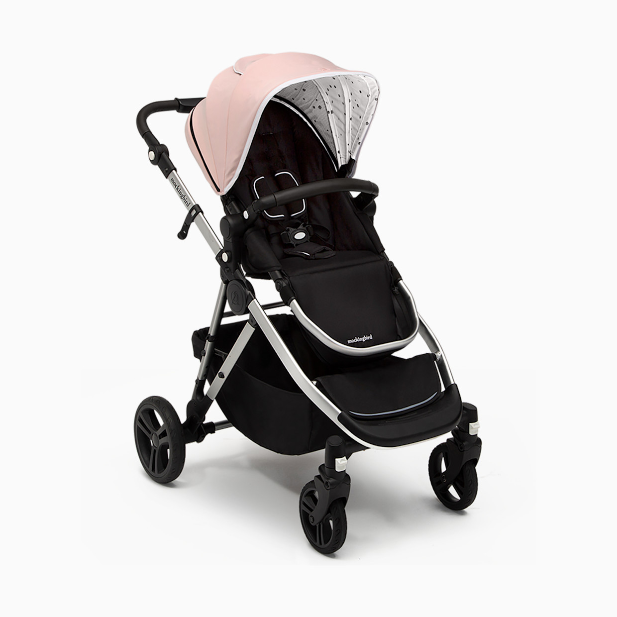 Mockingbird Single-to-Double Stroller 2.0 - Bloom/Watercolor Canopy With Black Leather (2020).