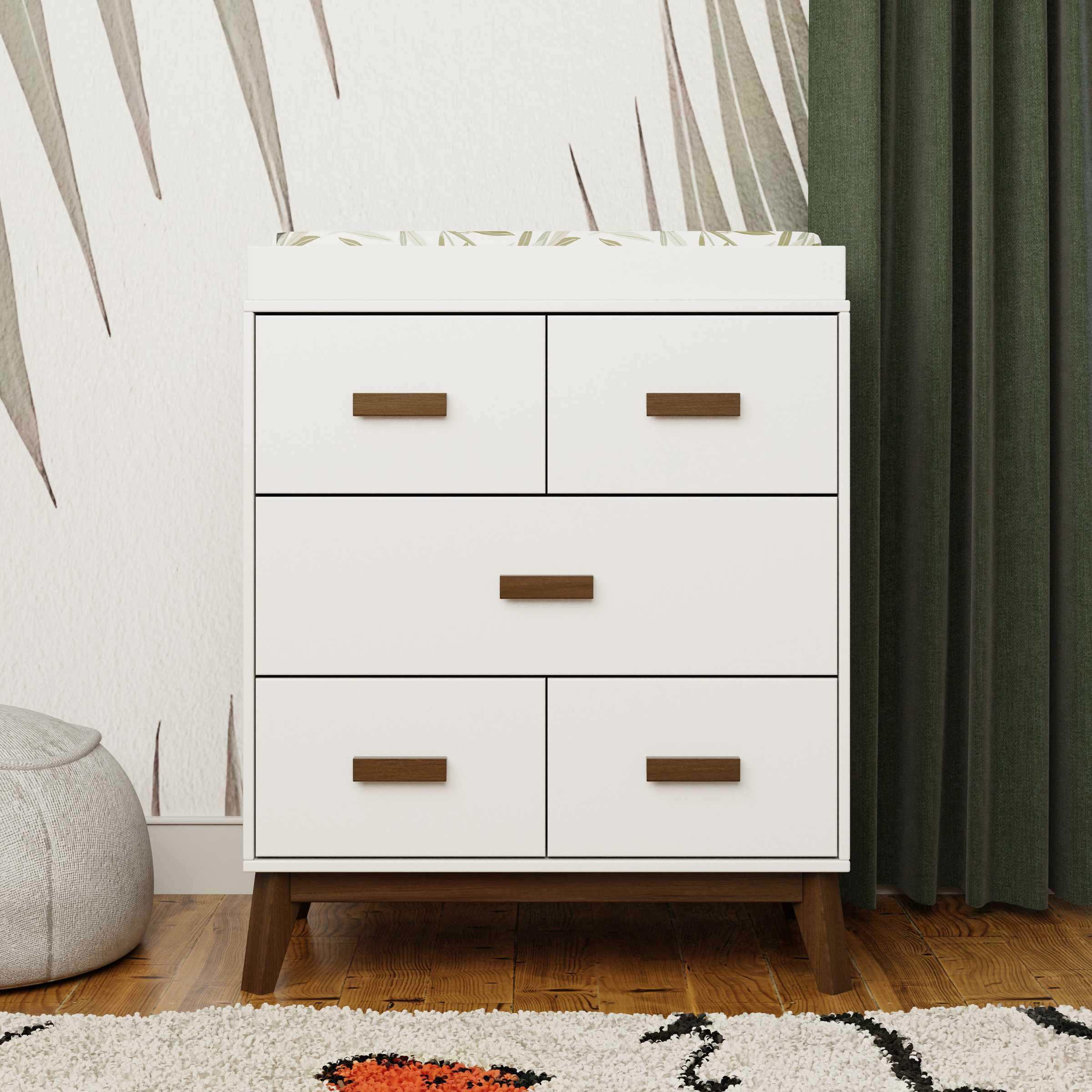 babyletto Scoot 3-Drawer Changer Dresser with Removable Changing Tray - White/Natural Walnut.