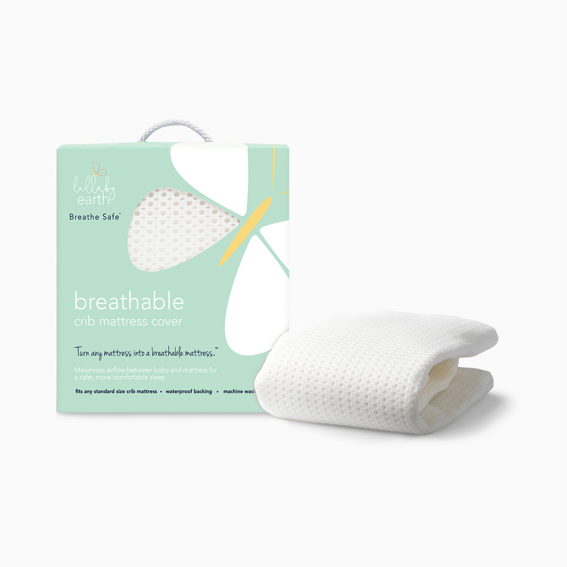 Crab-shaped mattress cover packaging with light green and white design.