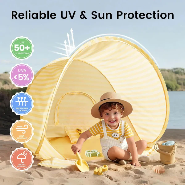 Tiny Land One-Stop Beach Toy & Tent Set - Pastel Yellow Stripes.