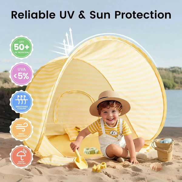 Tiny Land One-Stop Beach Toy & Tent Set - Pastel Yellow Stripes.
