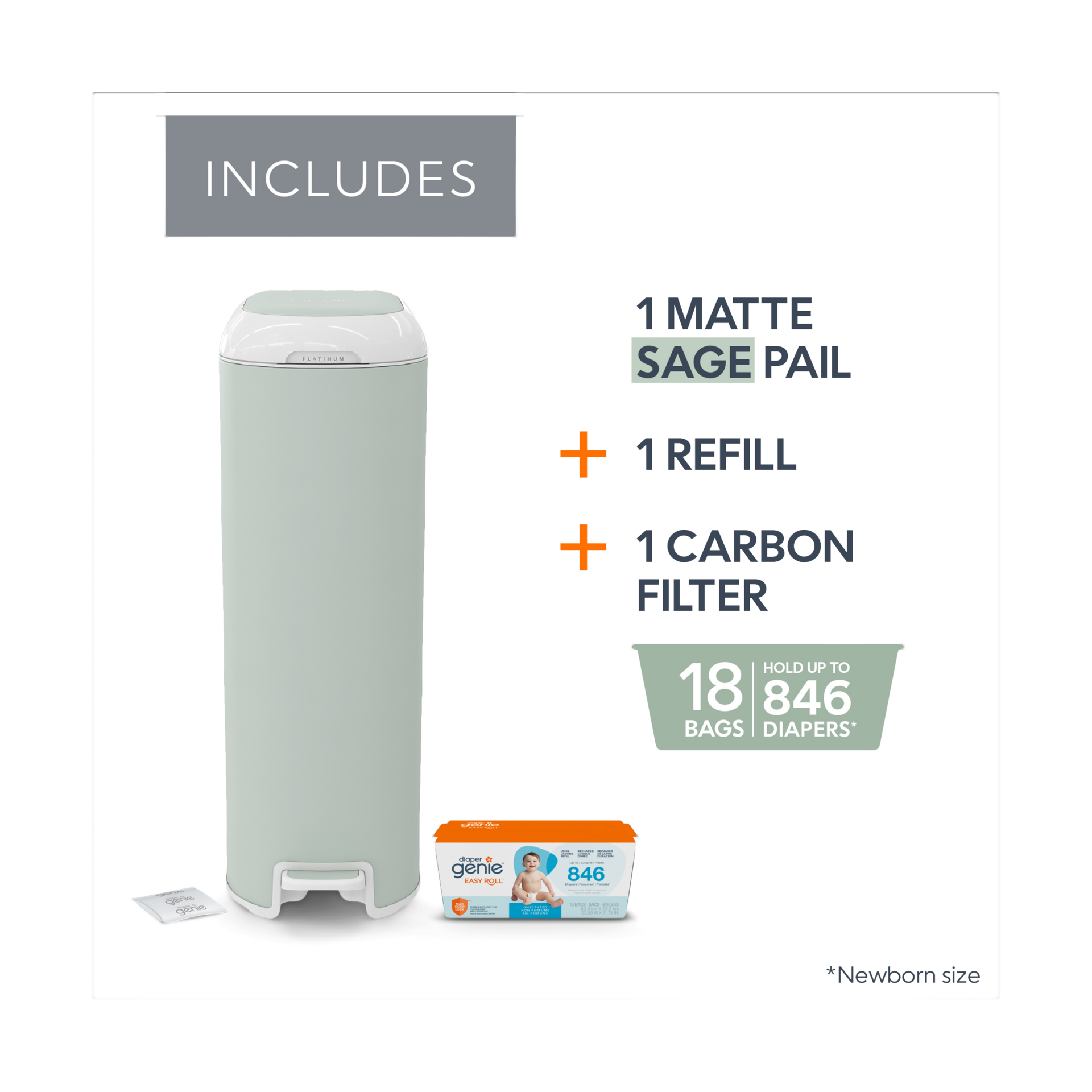 Diaper Genie Platinum Stainless Steel Diaper Pail with Easy Roll Refill Bags - Sage Green, Unscented.