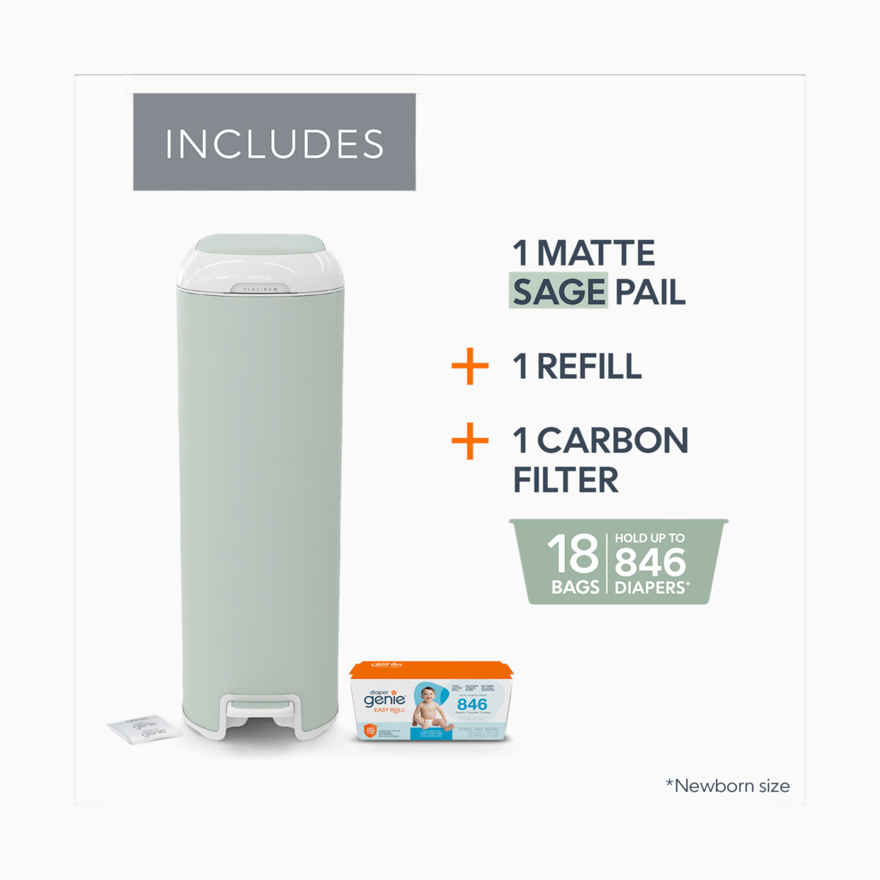 Diaper Genie Platinum Stainless Steel Diaper Pail with Easy Roll Refill Bags - Sage Green, Unscented.