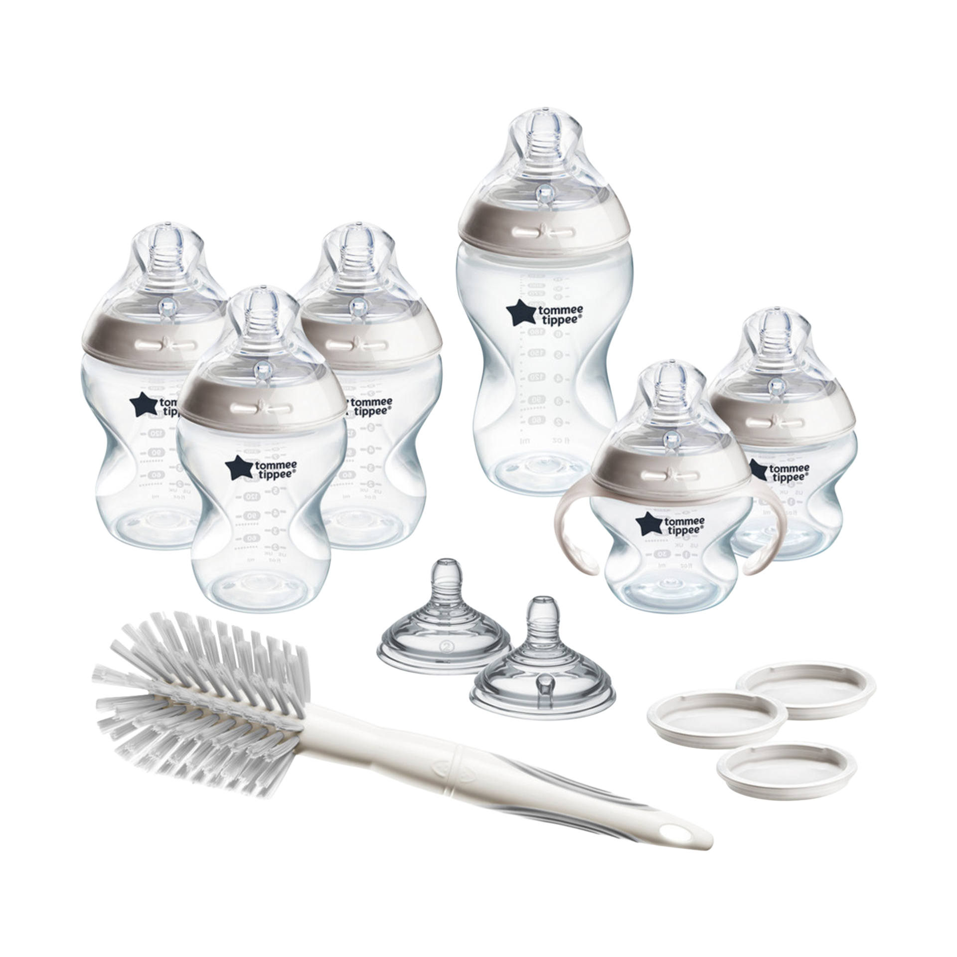 Tommee Tippee Natural Start 12 Piece BPA Free Bottle Set, Includes 2 x 5 oz, 3 x 9 oz, 1 x 11 oz Bottles, Newborn 0+ Months, Slow, Medium & Thicker Flow Breast-Like Nipples, Cleaning Brush, Clear