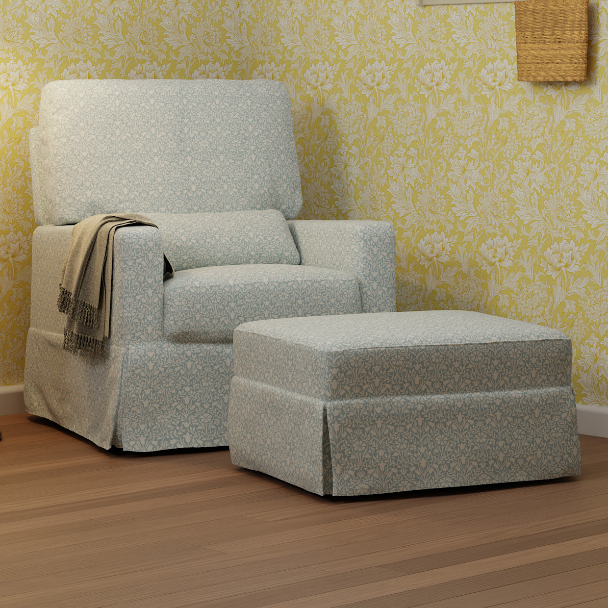 Namesake Morris & Co. x Namesake Crawford Gliding Ottoman - Bellflowers In Powdered Blue Performance Eco-Weave.