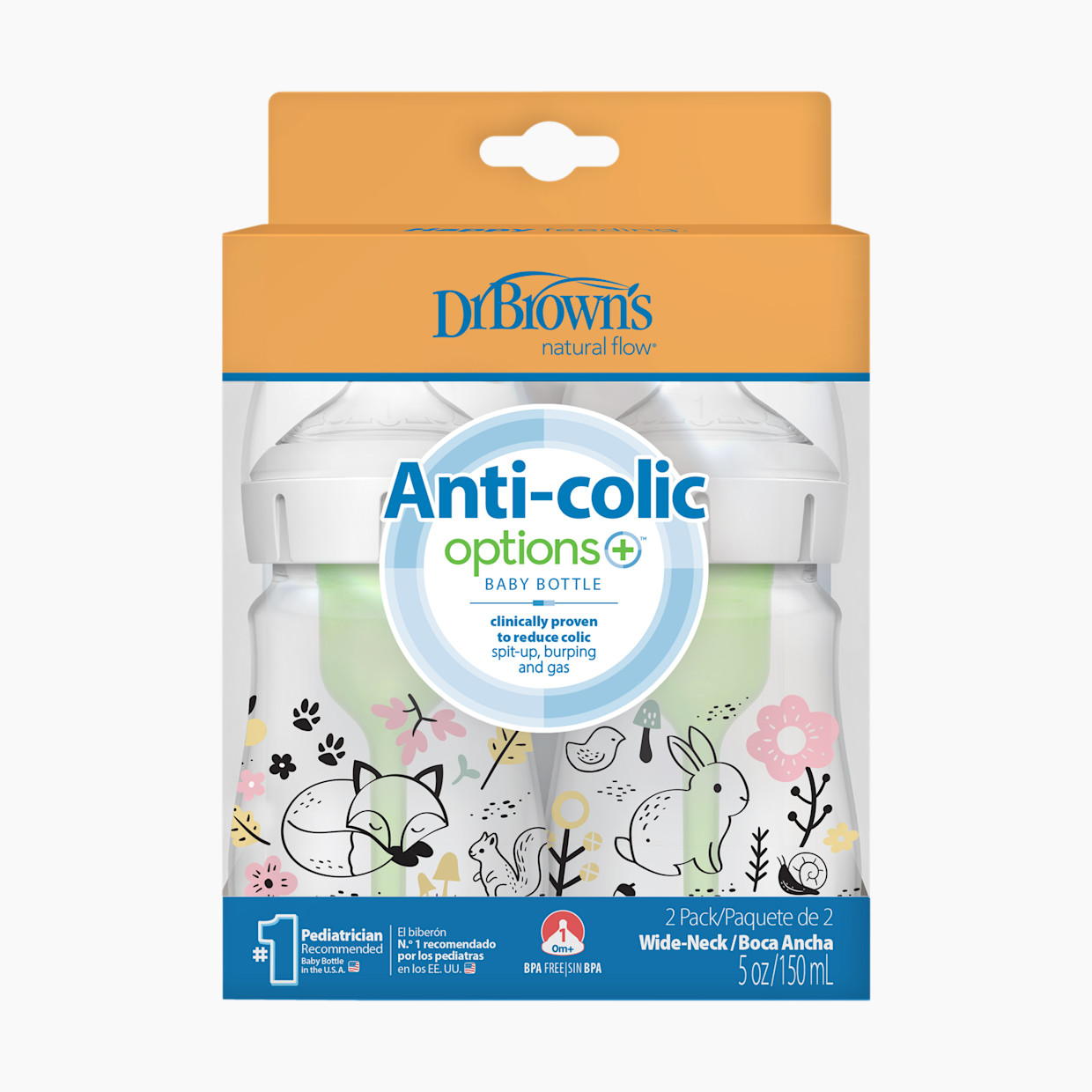 Dr. Brown's Anti-colic Options+ Wide-Neck Baby Bottle, 5oz (2 Pack) - Woodland Designs, 5 Oz.