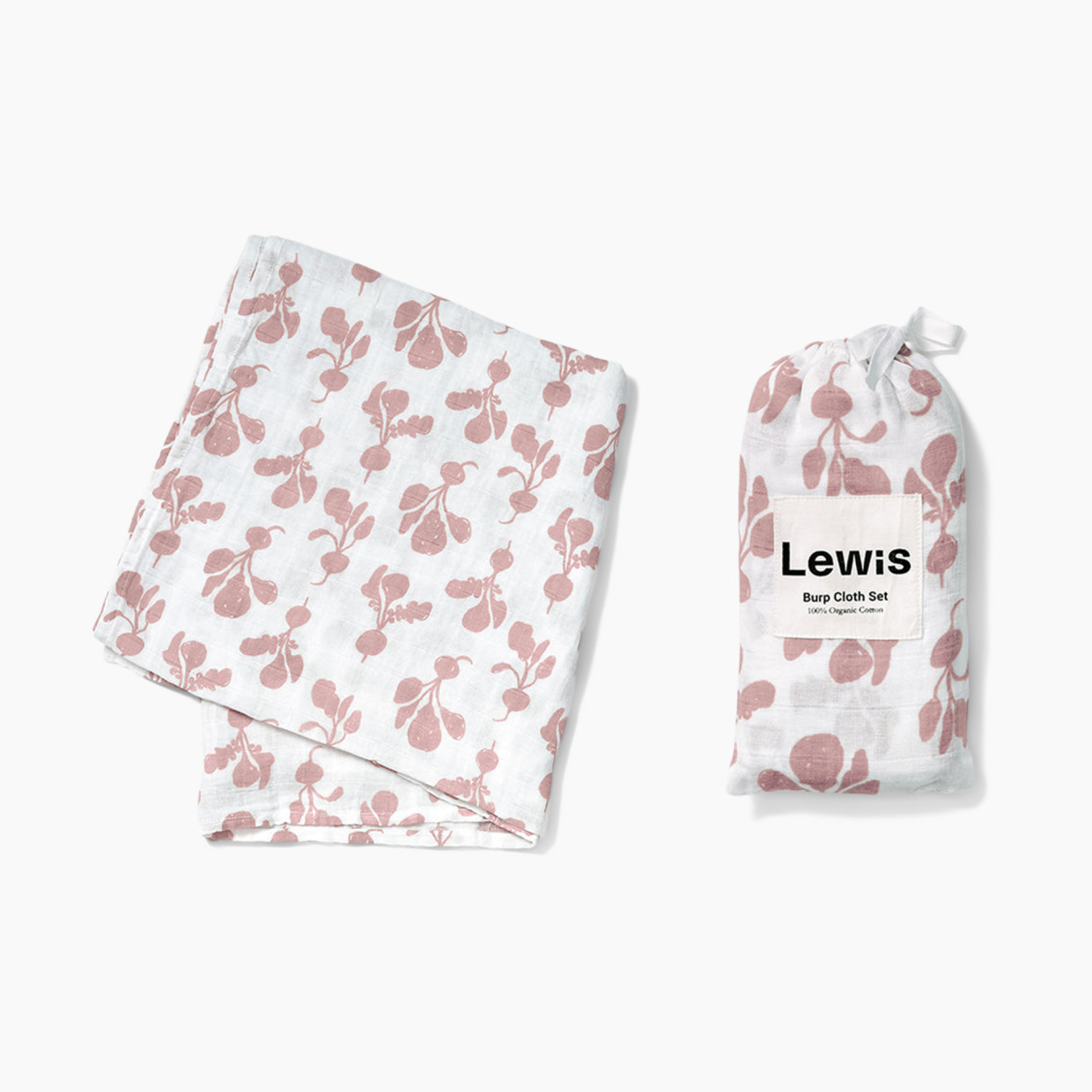 Lewis 100% Organic Muslin Swaddle + Burp Cloth Set - Pink Radish.