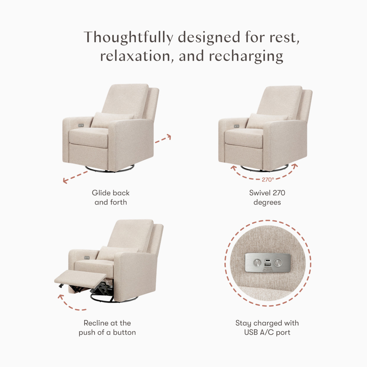 babyletto Sigi Electronic Recliner and Swivel Glider - Performance Beach Eco-Weave.