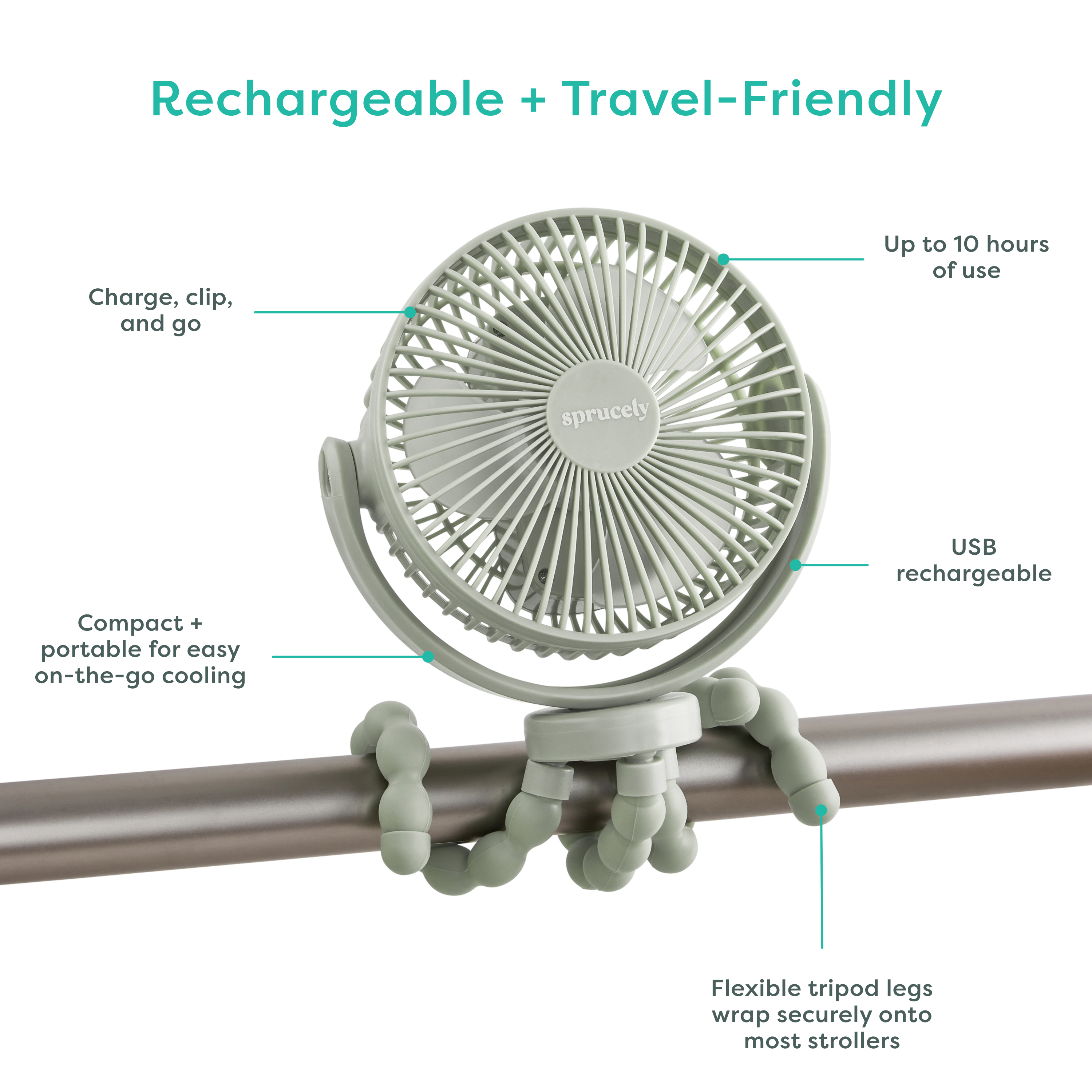 Sprucely Rechargeable Portable Stroller Fan - Sage.