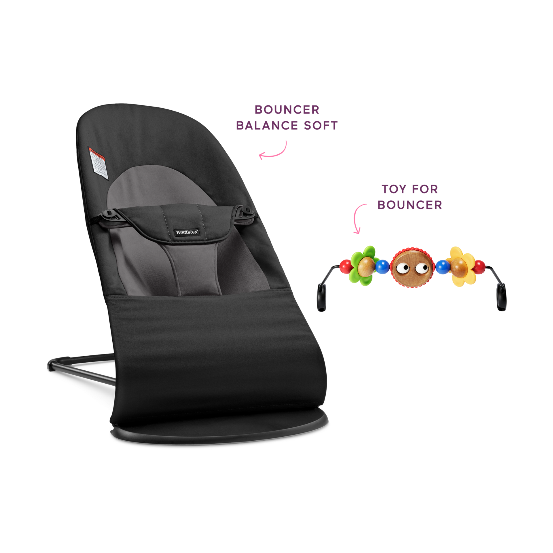 BabyBjörn Bouncer Balance Soft and Toy Bar Bundle - Black/Googly Eyes.