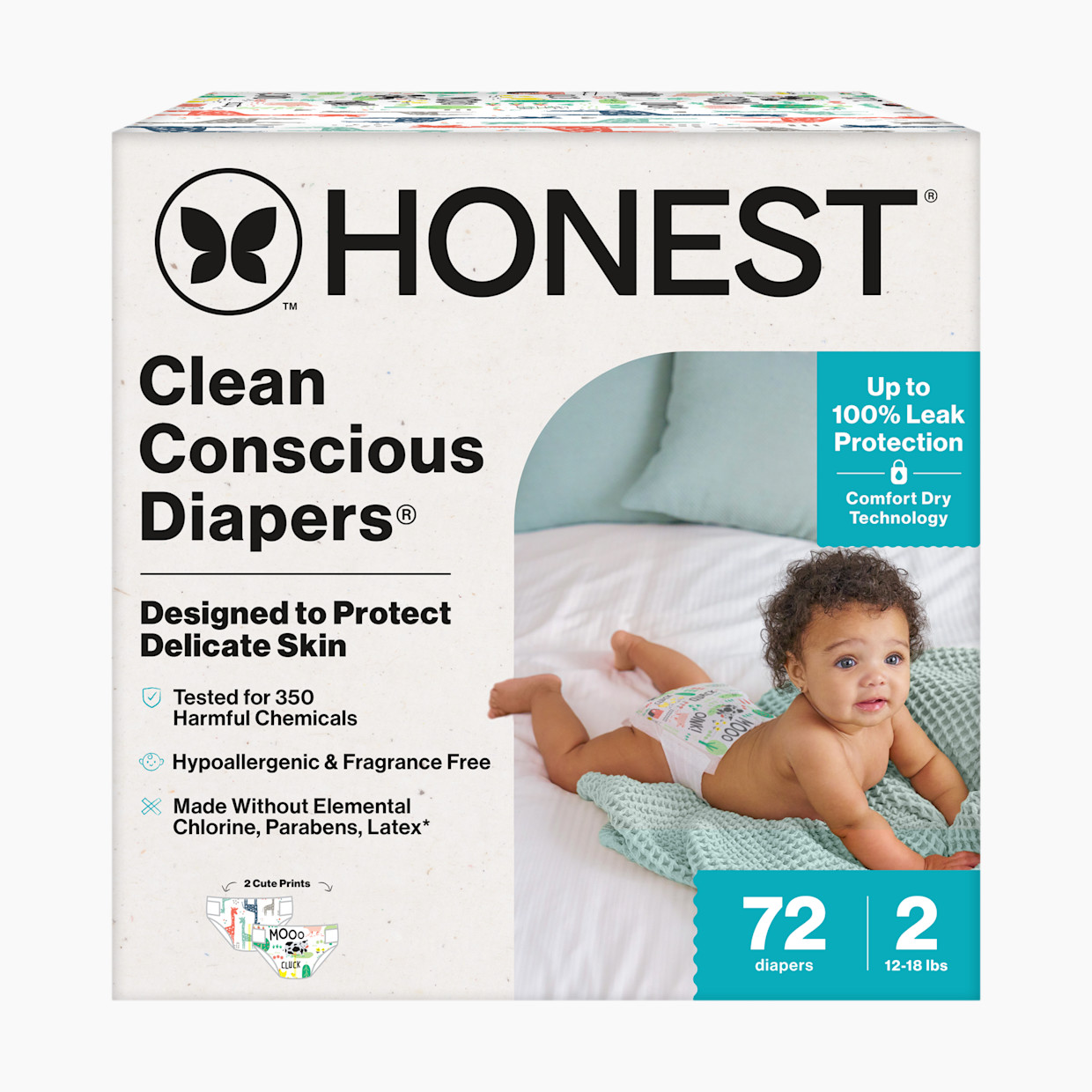 The Honest Company Clean Conscious Disposable Diapers Newborn-Size 2 - Giraffes + Barnyard Babies, Size 2, 72 Count.