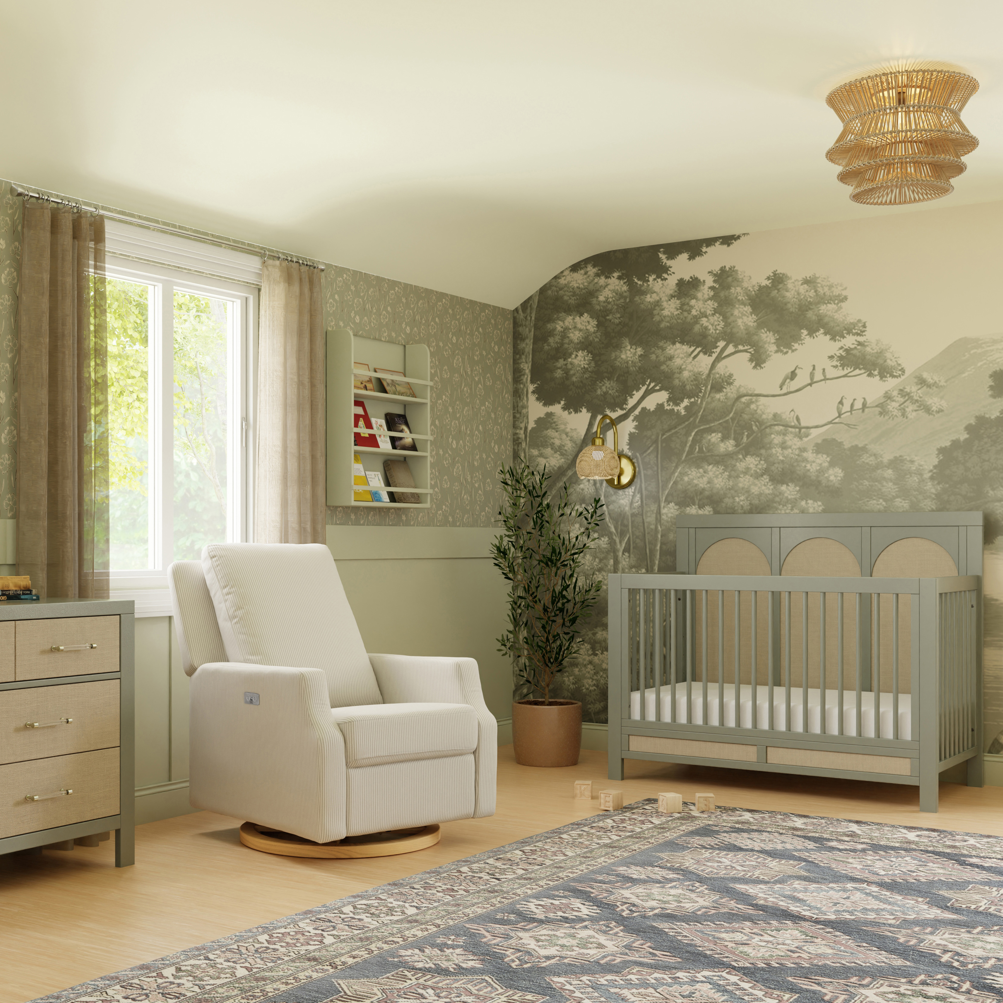 Namesake Crewe Electronic Recliner and Swivel Glider - Fog Chatham Stripe Performance Eco-Weave With Light Wood Base.