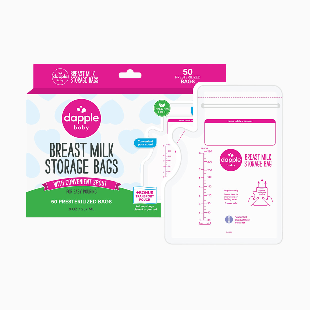 Dapple Temp-Sensing No-Leak Breast Milk Storage Bag with Easy Pour Spout - 50.