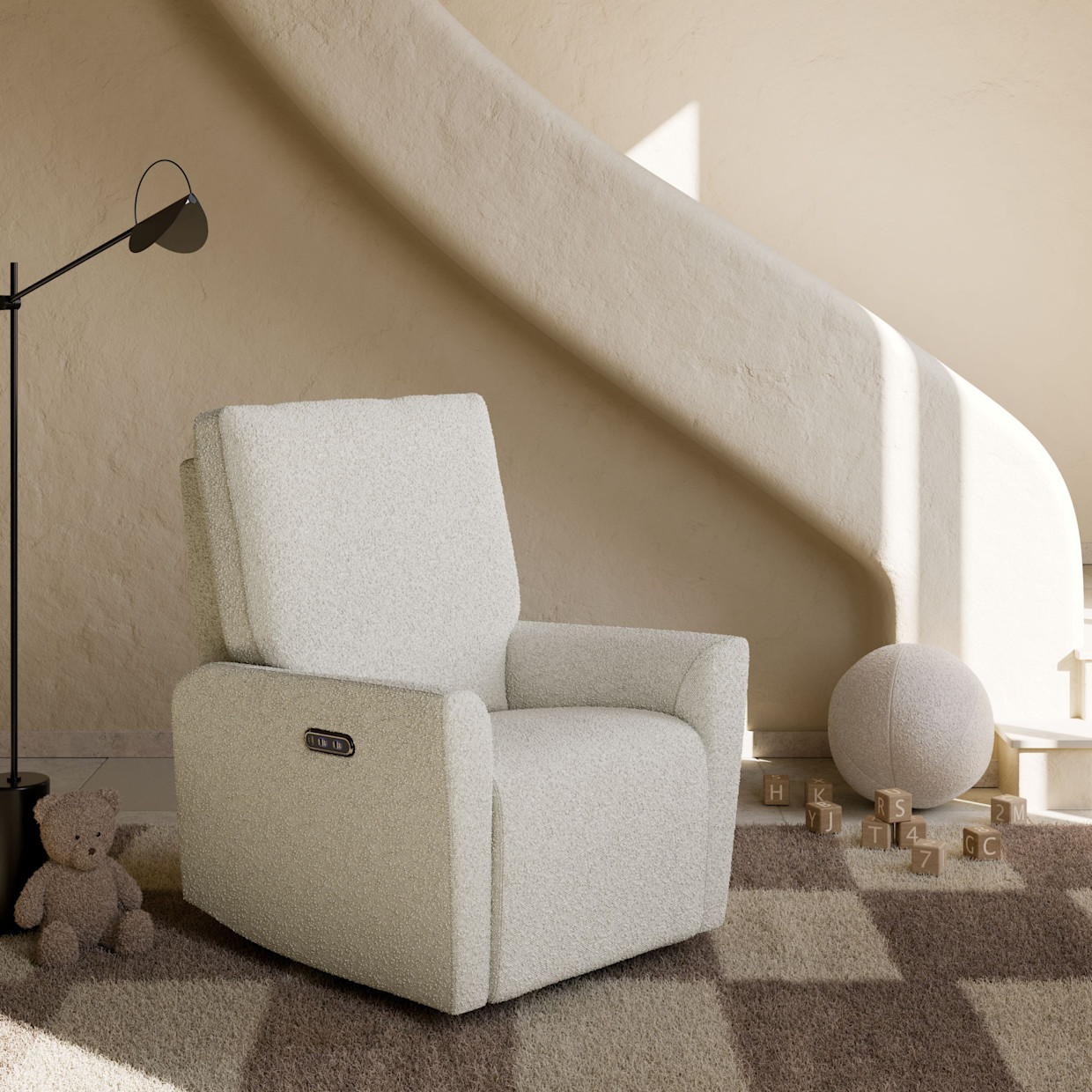 Storkcraft Santorini Deluxe Power Recliner Swivel Glider - Ivory Boucle.