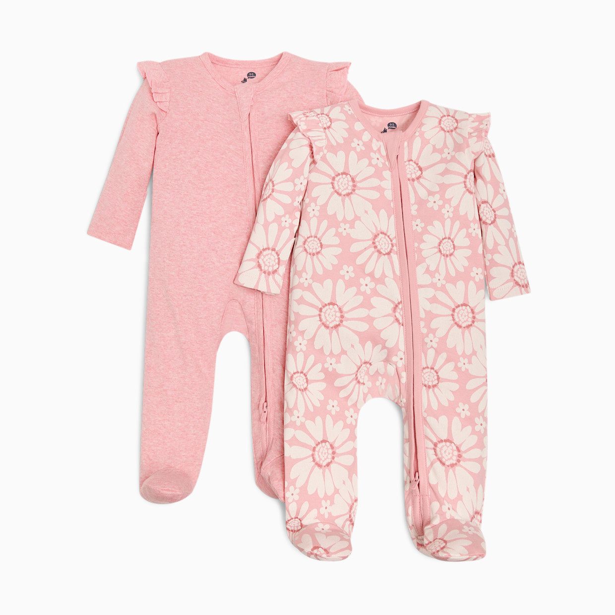Small Story Organic Cotton Ruffle 2-Way Zip Footie (2 Pack) - Floral & Pink Heather, 3-6 M.