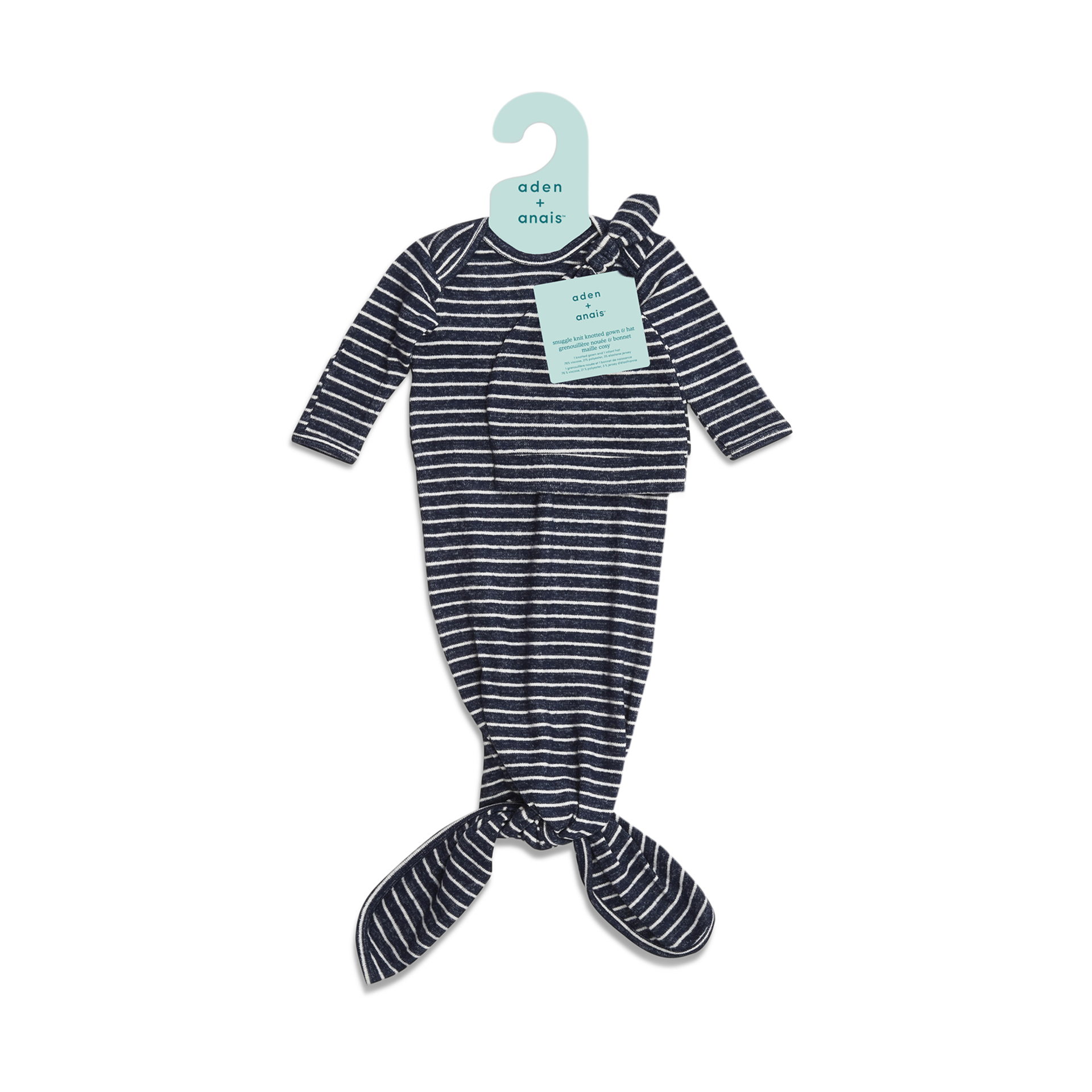 Aden + Anais Snuggle Knit Knotted Gown and Hat Set - Navy Stripe.