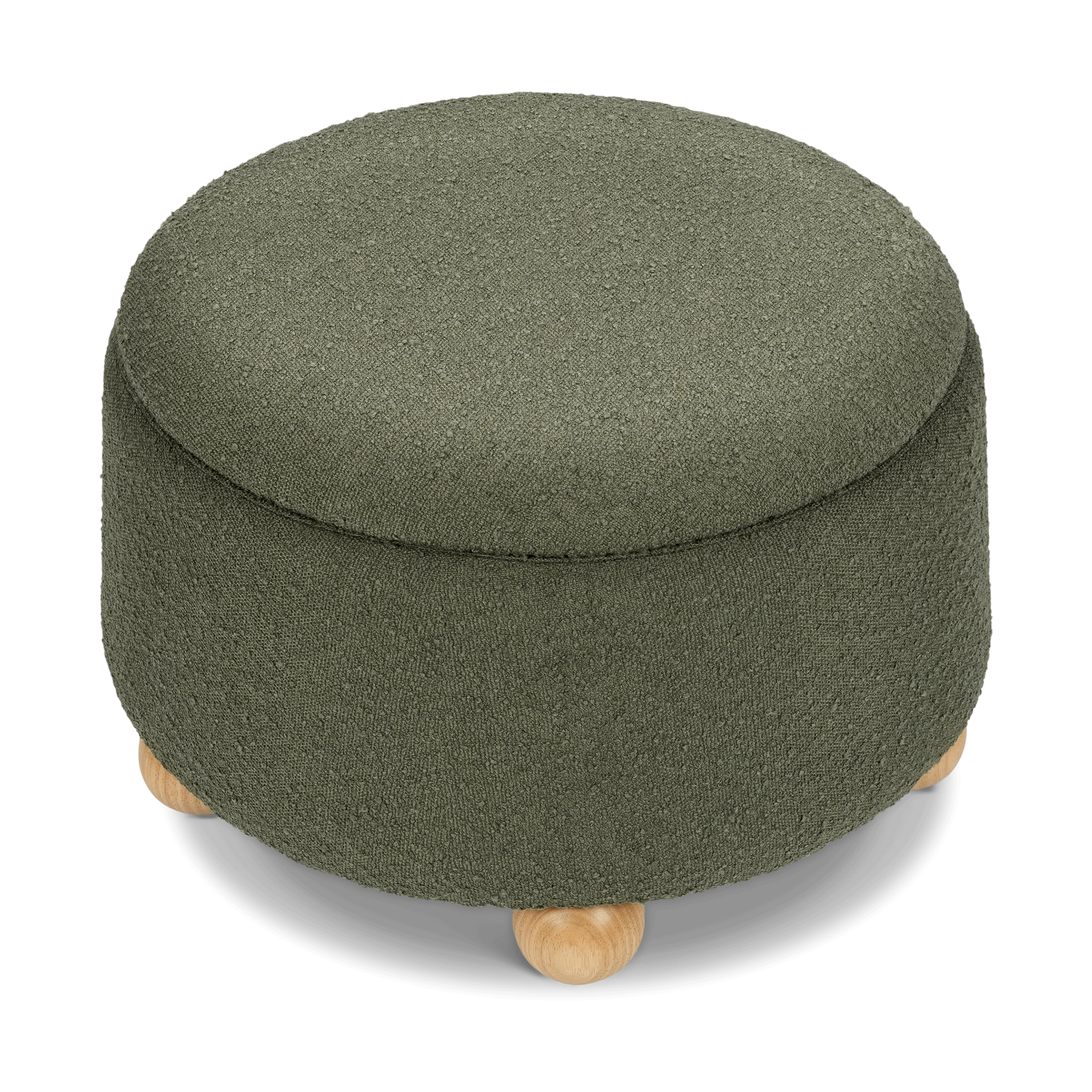Namesake Tuffet Storage Ottoman - Performance Olive Boucle With Honey Ball Feet.