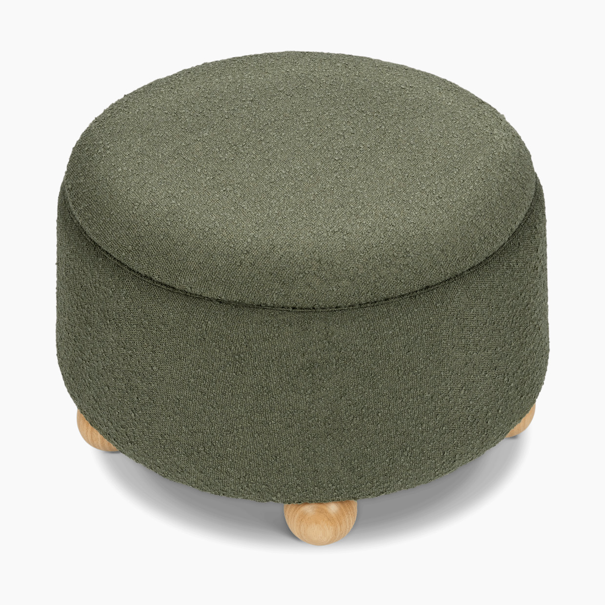 Namesake Tuffet Storage Ottoman - Performance Olive Boucle With Honey Ball Feet.