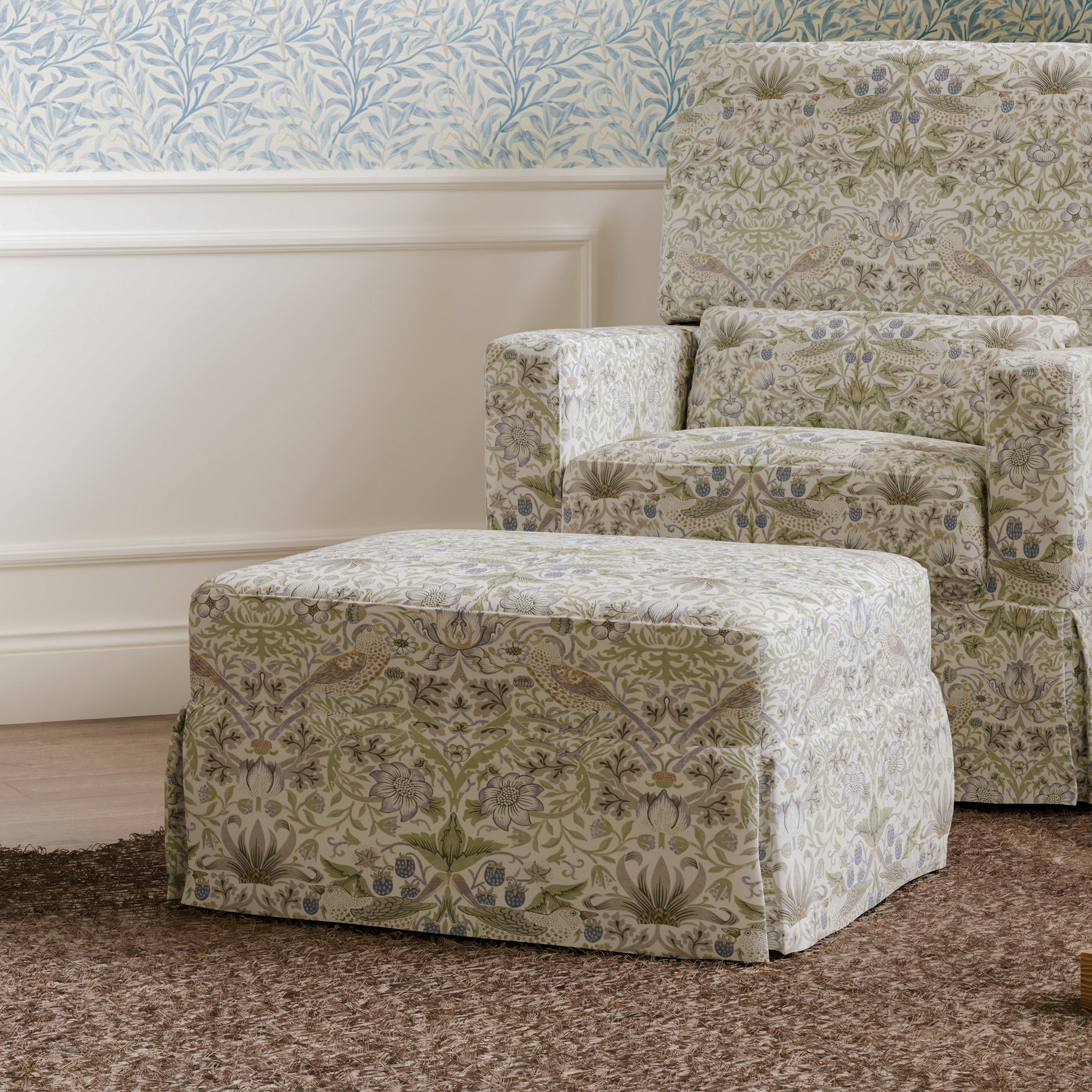 Namesake Morris & Co. x Namesake Crawford Gliding Ottoman - Strawberry Thief In Fig & Thyme Performance Eco-Weave.