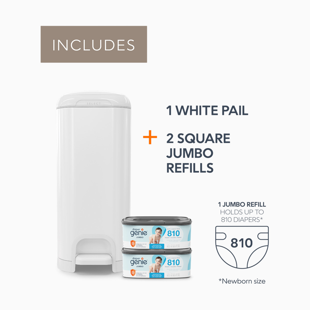 Diaper Genie Stainless Steel Select Pail Gift Set with 2 Jumbo Refills - White, Unscented.
