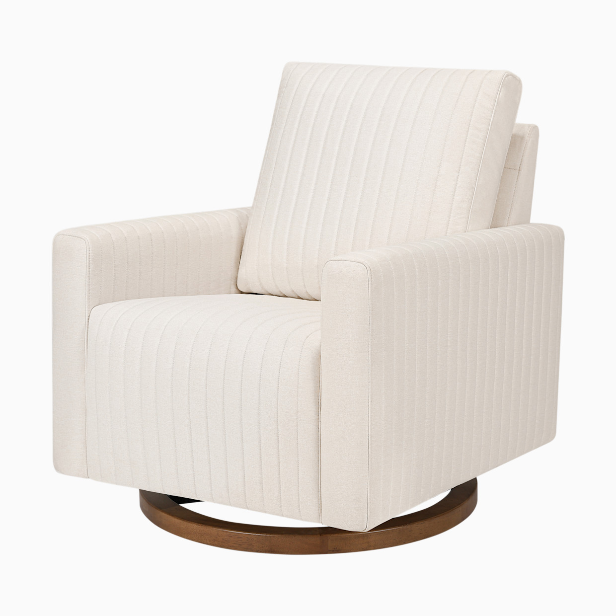 babyletto Poe Channeled Swivel Glider - Performance Cream Eco-Weave With Dark Wood Base.