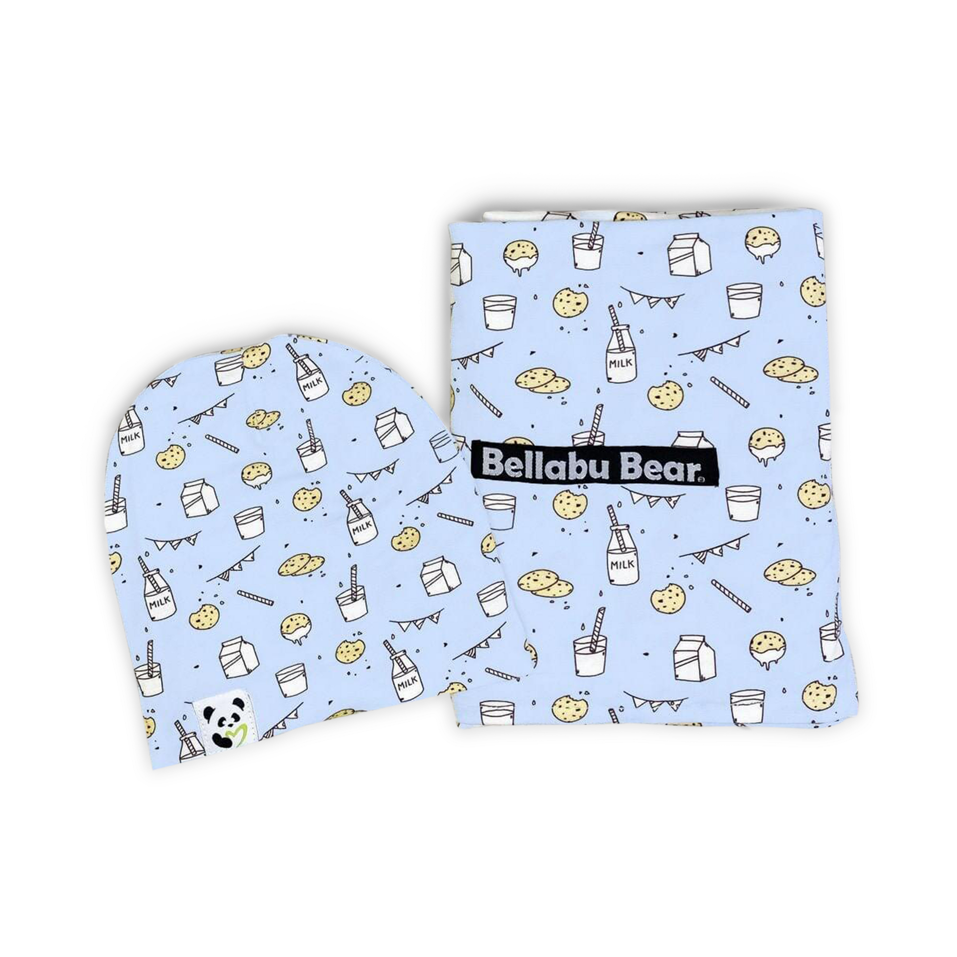 BellaBu Bear Bamboo Beanie & Swaddle Set - Blue Milk & Cookies, One ...