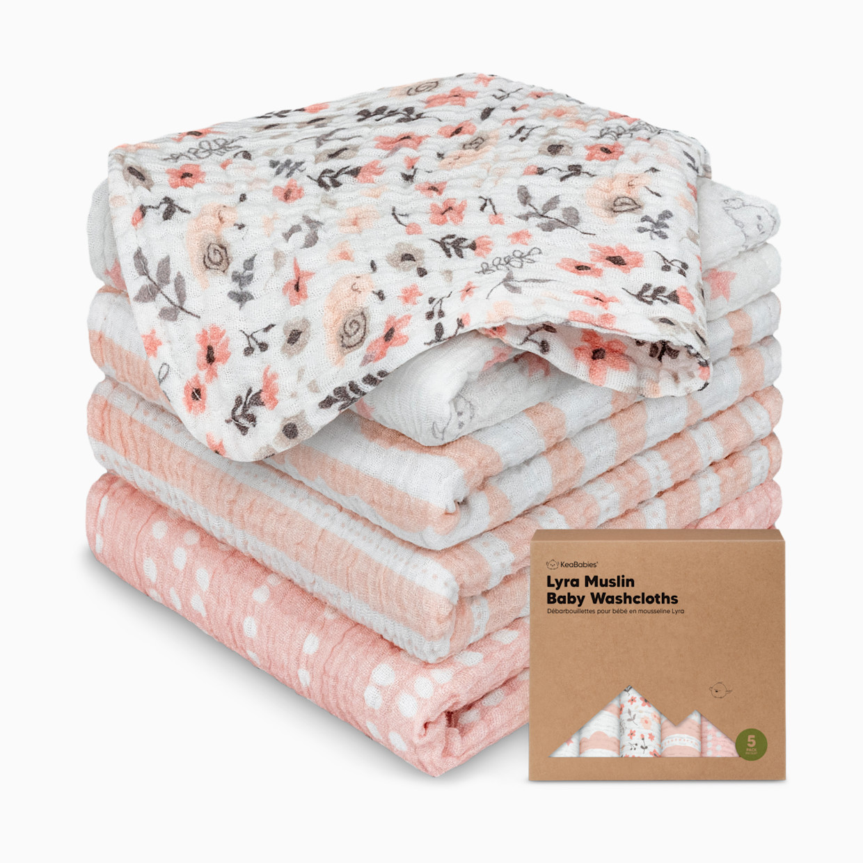 KeaBabies 5-Pack Lyra Muslin Baby Washcloths - Sweet Charm.