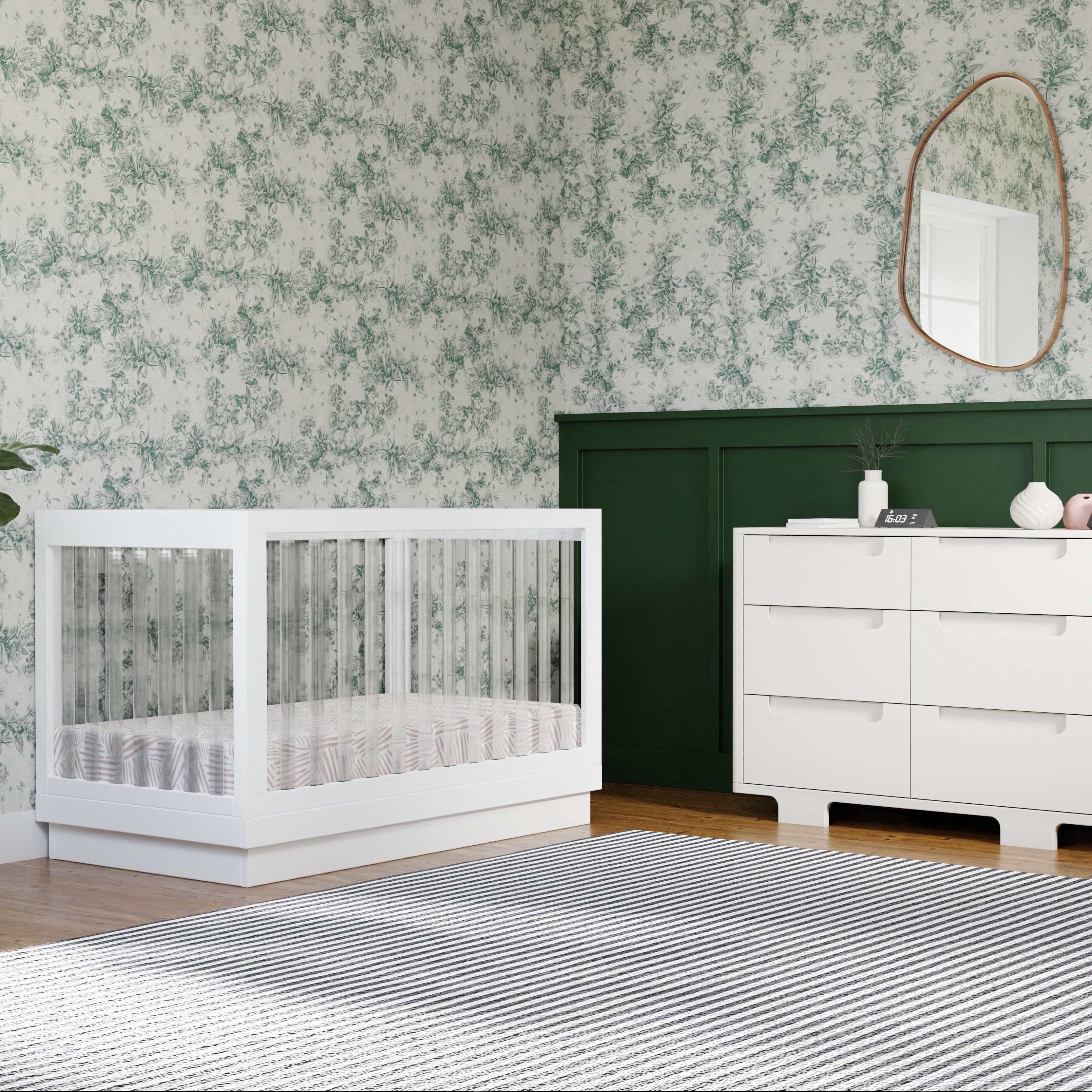 babyletto Harlow Acrylic 3-in-1 Convertible Crib with Toddler Bed Conversion Kit - White With White Base And Acrylic Slats.