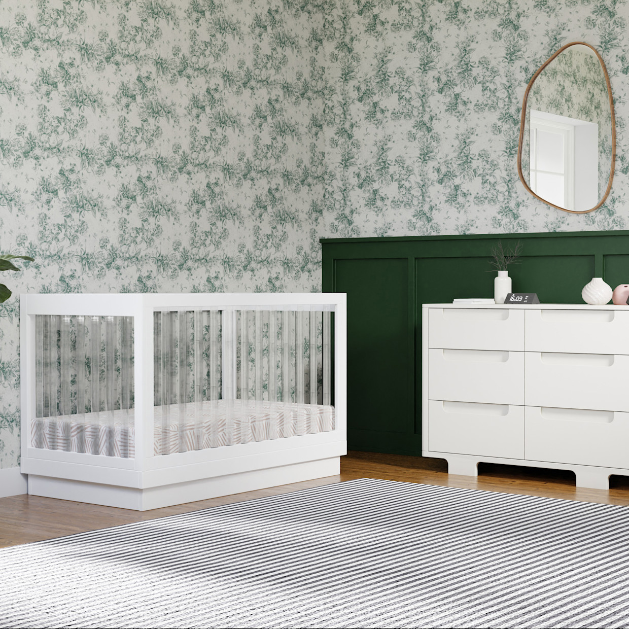 babyletto Harlow Acrylic 3-in-1 Convertible Crib with Toddler Bed Conversion Kit - White With White Base And Acrylic Slats.