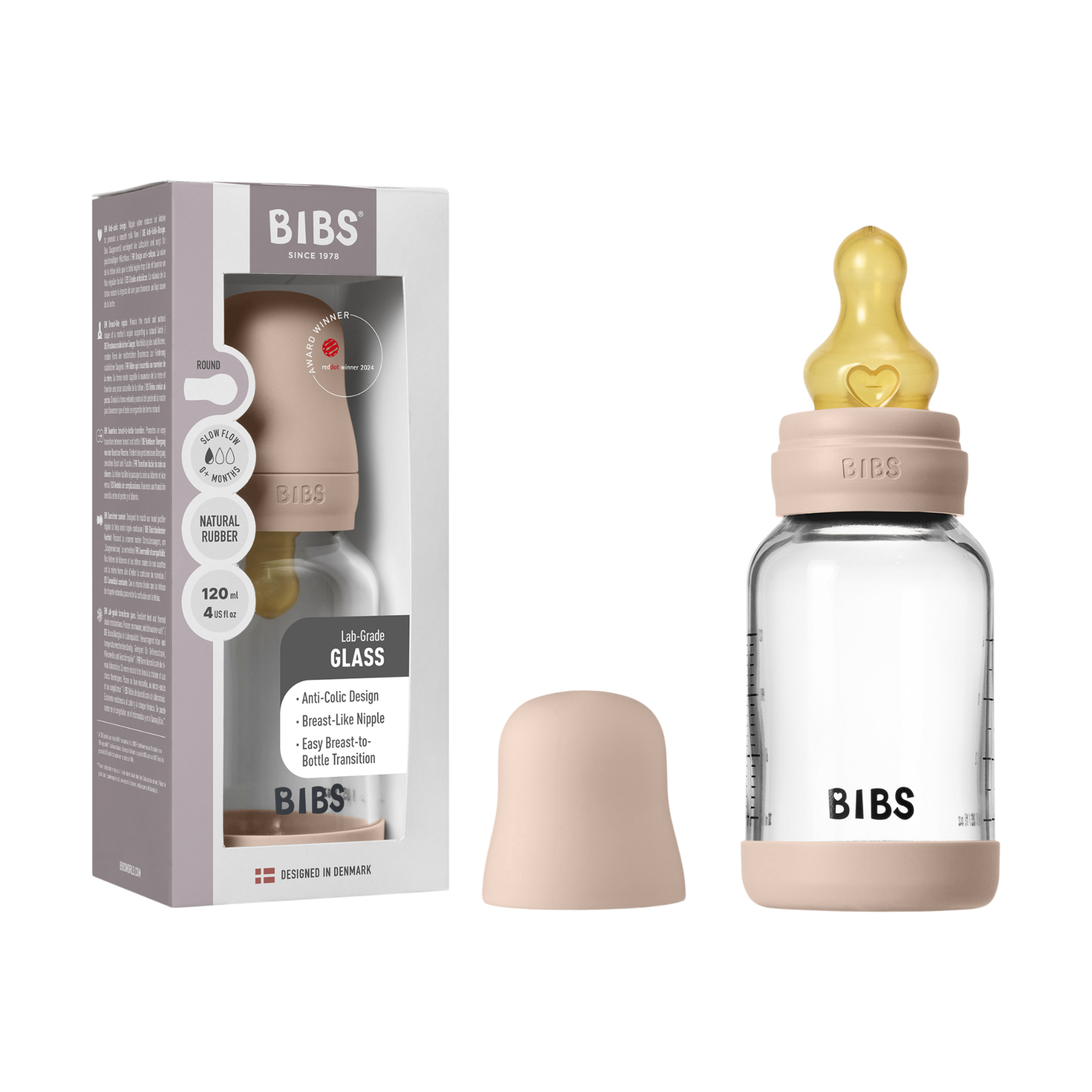 BIBS Baby Glass Bottle with Natural Rubber Nipple - Blush, 4oz.