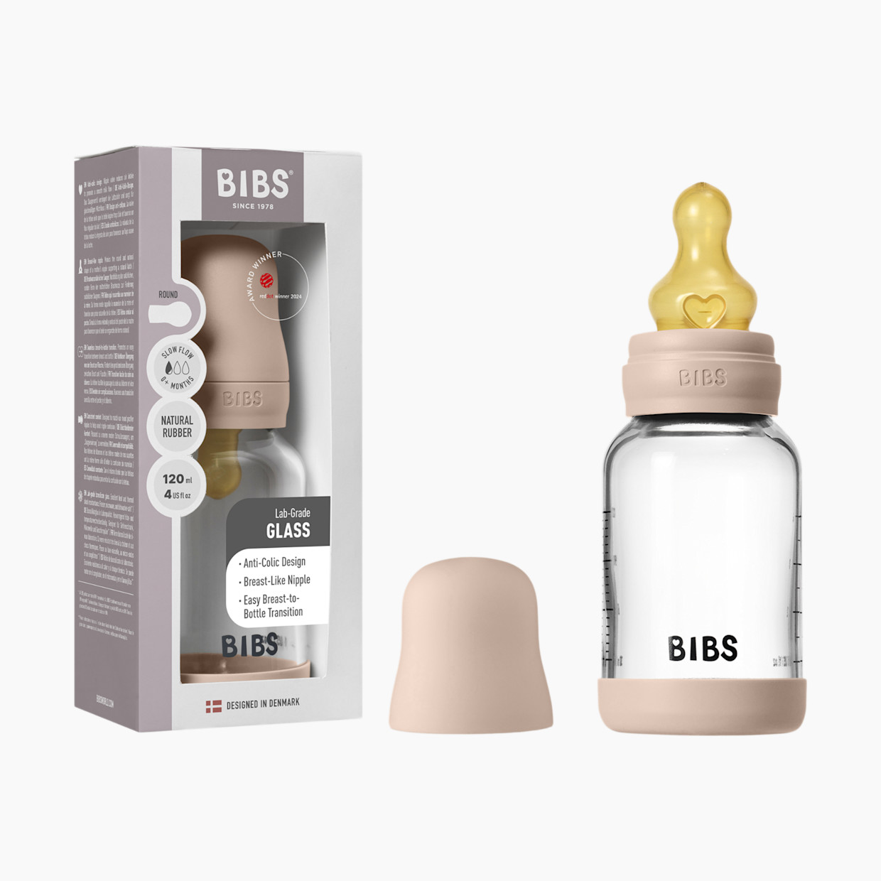 BIBS Baby Glass Bottle with Natural Rubber Nipple - Blush, 4oz.