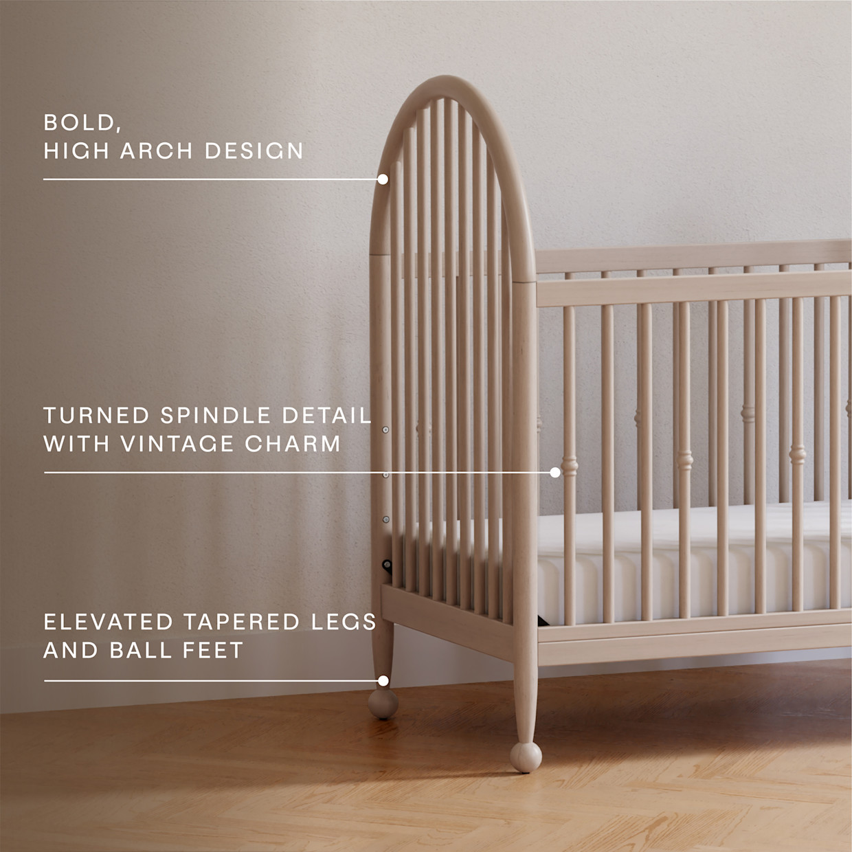 Namesake Alouette 3-in-1 Convertible Spindle Crib - Washed Pine.
