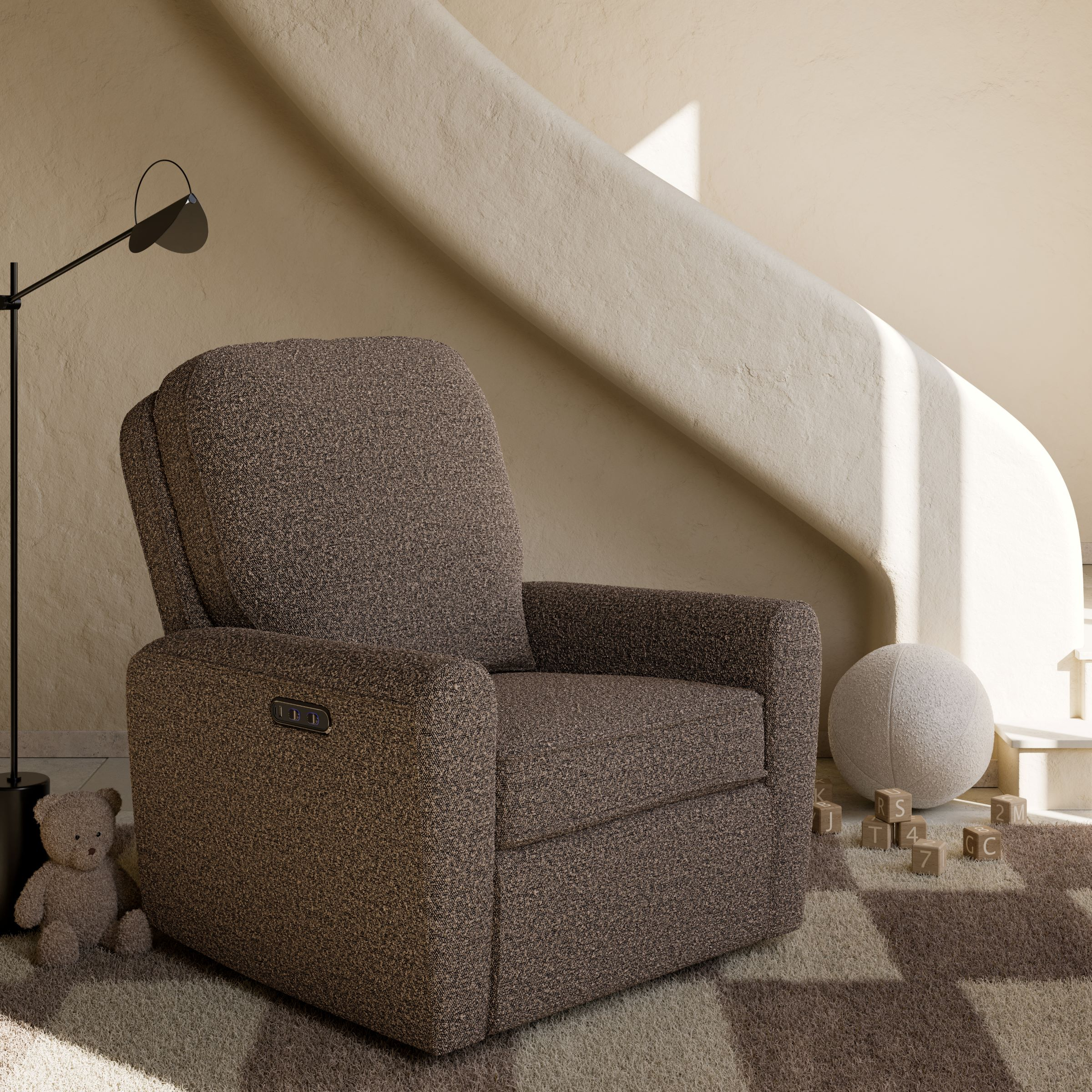 Storkcraft Amalfi Deluxe Power Recliner Swivel Glider - Mountain Brown Boucle.