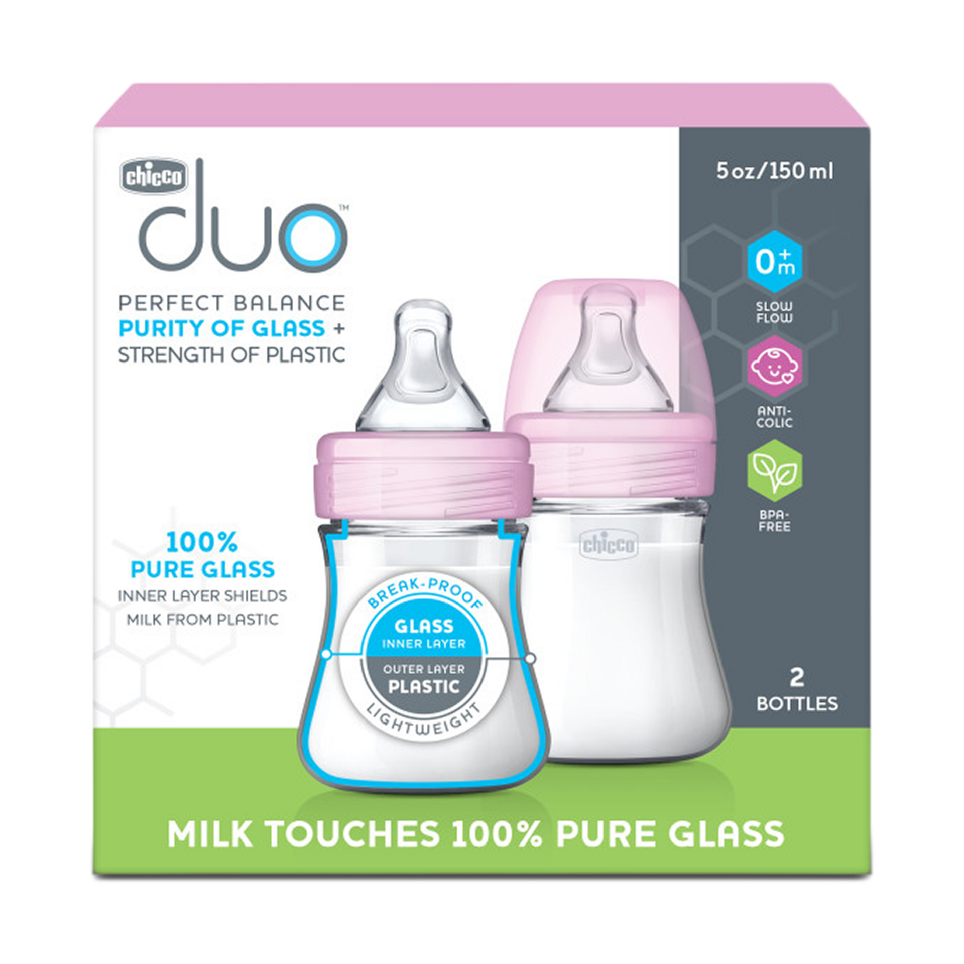 Chicco Duo Hybrid Baby Bottles with Invinci-Glass - Pink, 5 Oz.