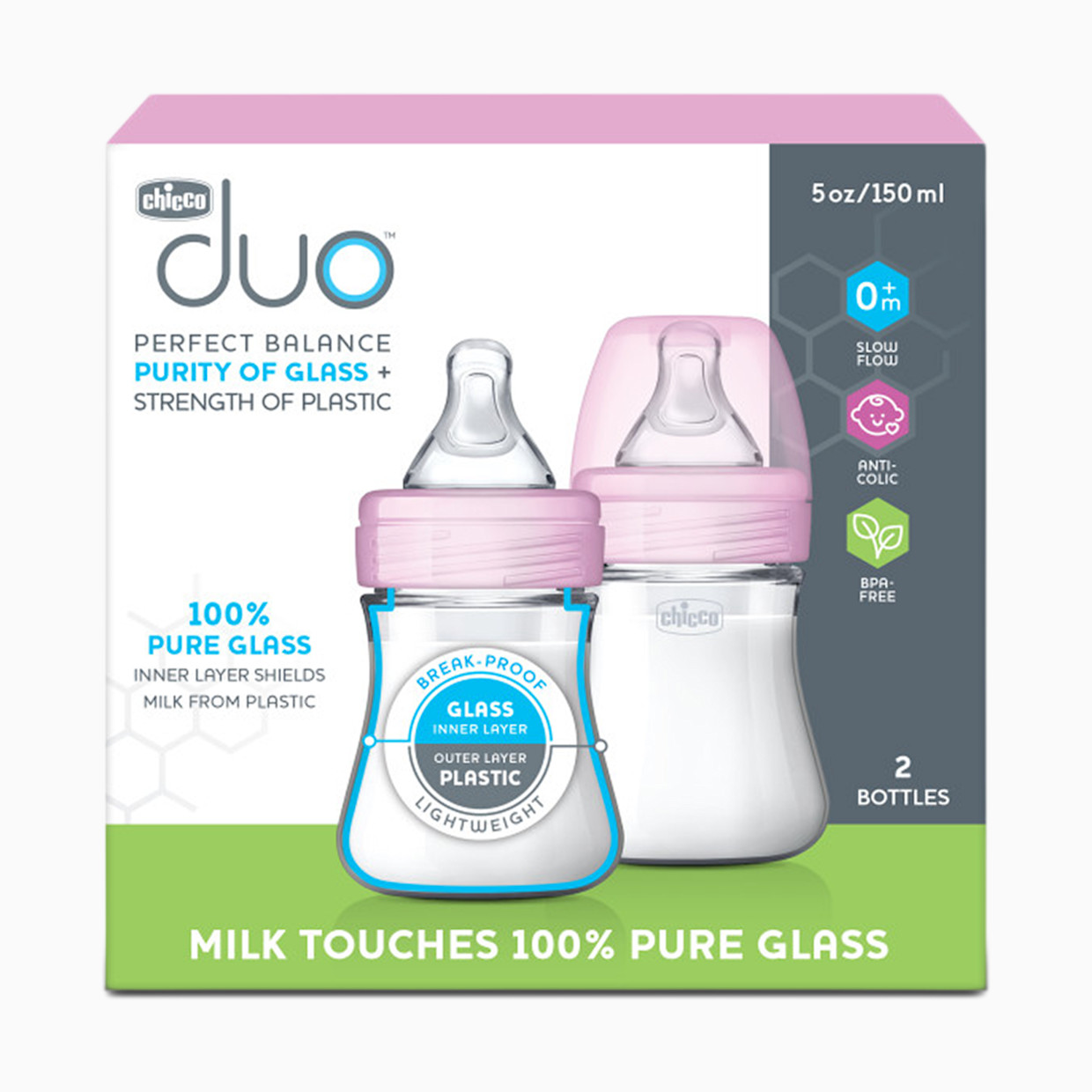 Chicco Duo Hybrid Baby Bottles with Invinci-Glass - Pink, 5 Oz.
