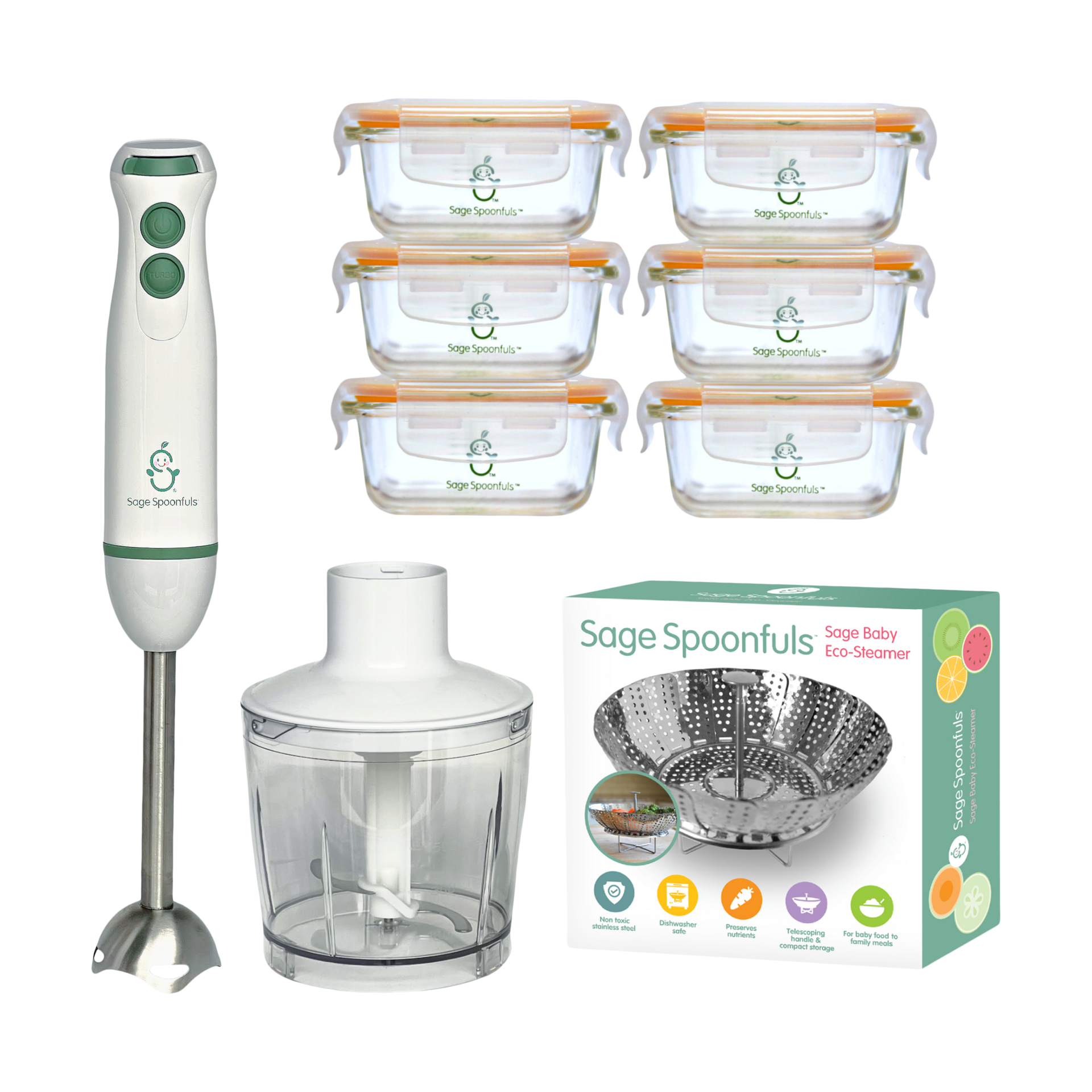 Sage Spoonfuls Baby Food Maker Set with Tough Glass Jars 10 Piece