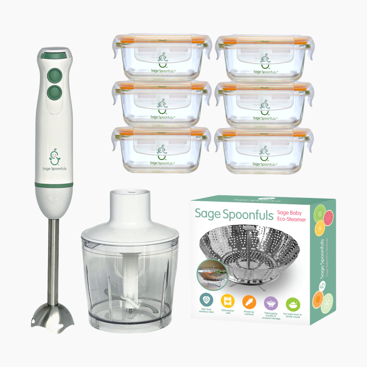 Sage Spoonfuls Baby Food Maker Set with Tough Glass Jars - 10 Piece.