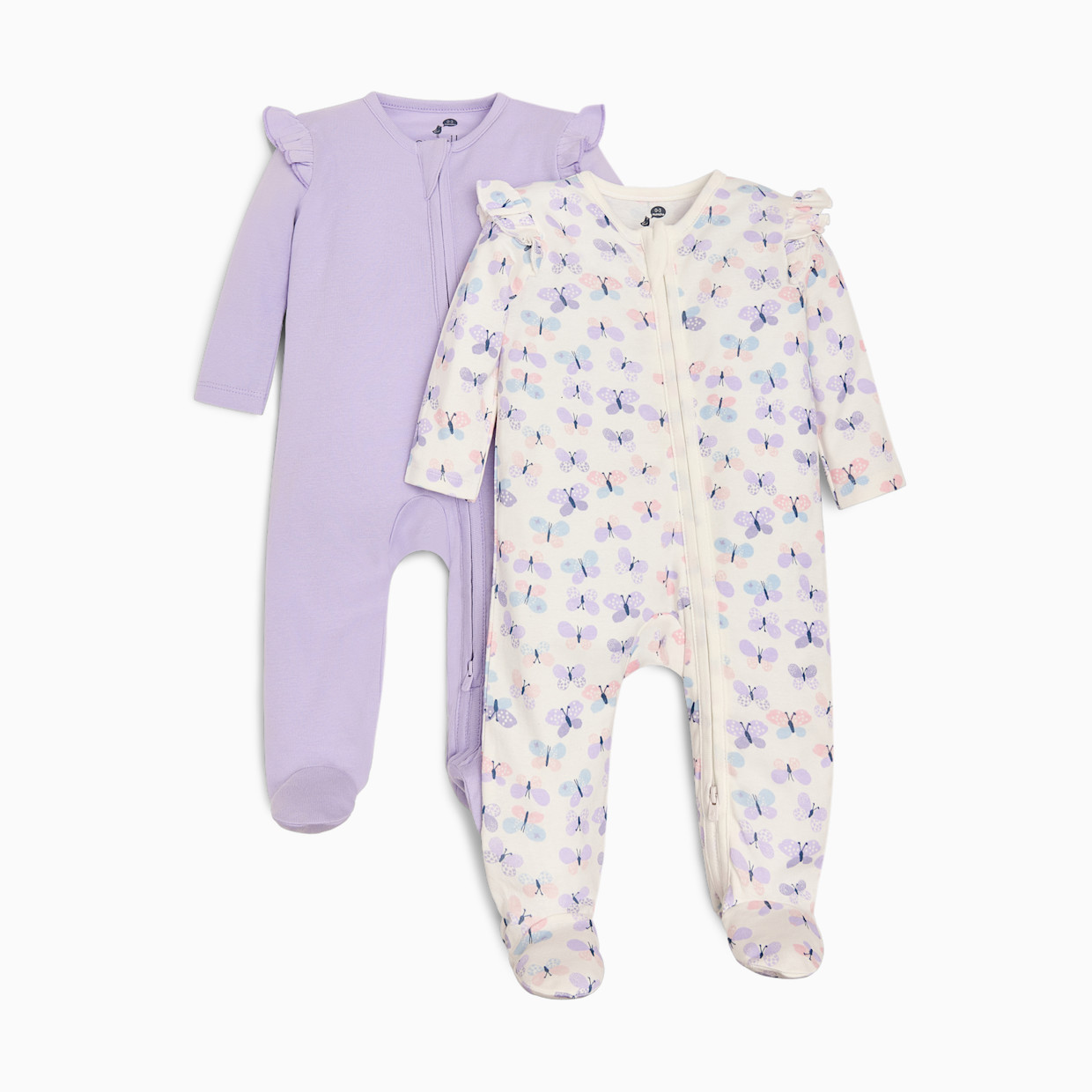 Small Story Organic Cotton Ruffle 2-Way Zip Footie (2 Pack) - Butterfly & Solid Lavendar, 0-3 M.