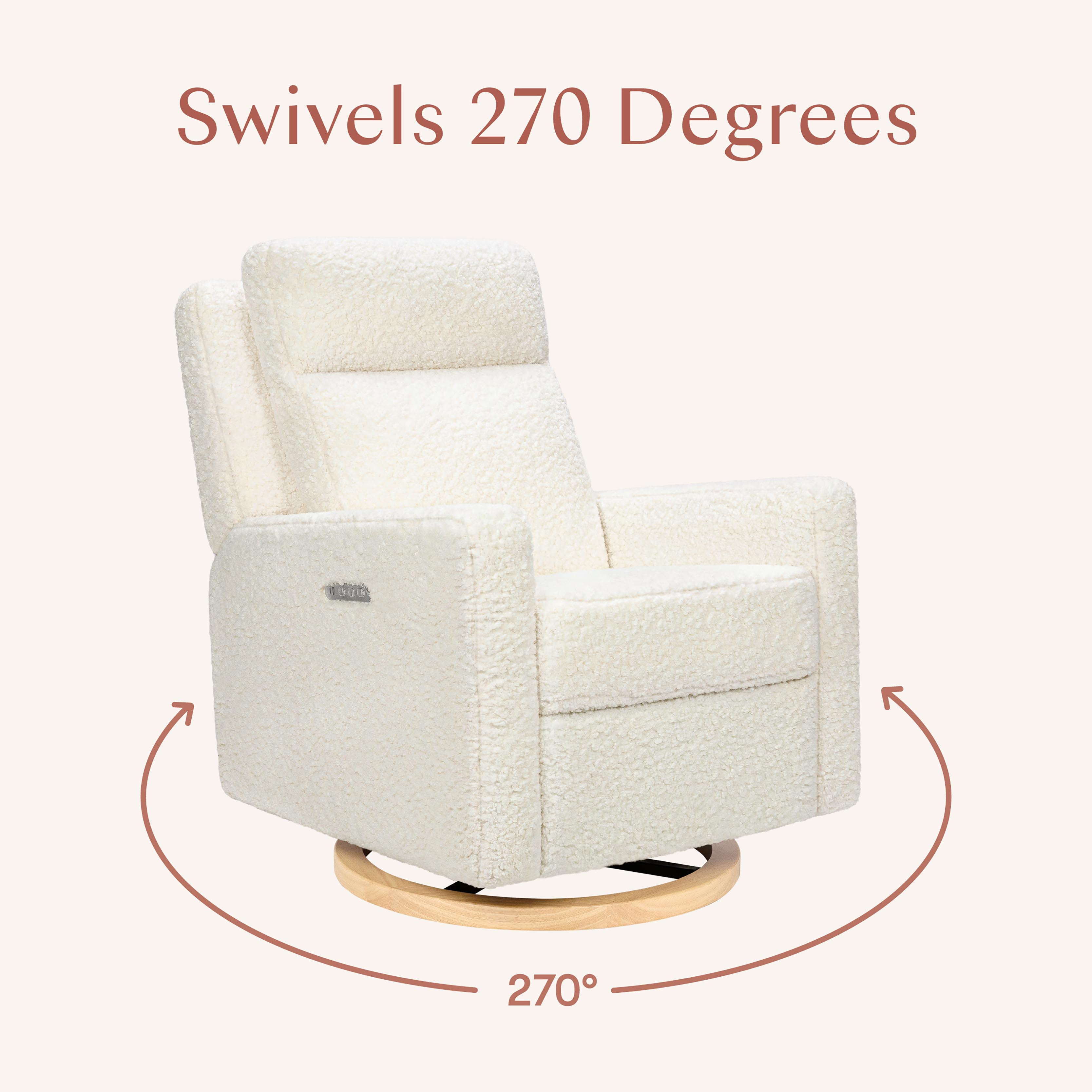 babyletto Sigi Pro Power Recliner and Swivel Glider - Cream Shearling With Light Wood Base.