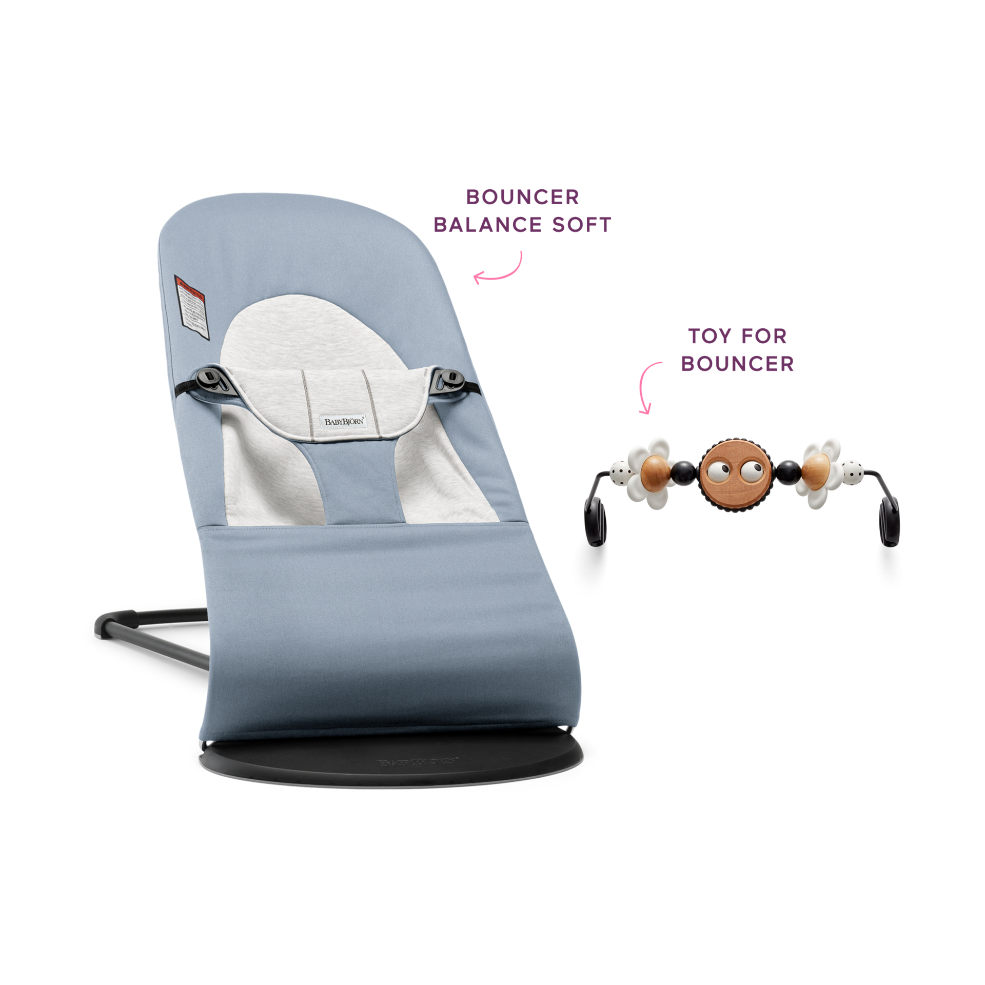 BabyBjörn Bouncer Balance Soft and Toy Bar Bundle - Blue/Bw Googly Eyes.