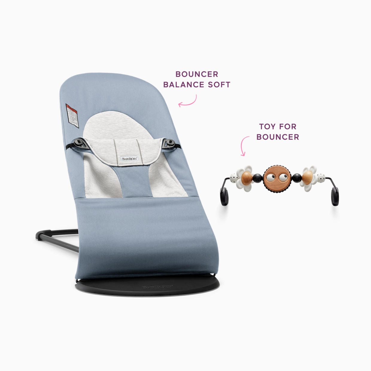BabyBjörn Bouncer Balance Soft and Toy Bar Bundle - Blue/Bw Googly Eyes.