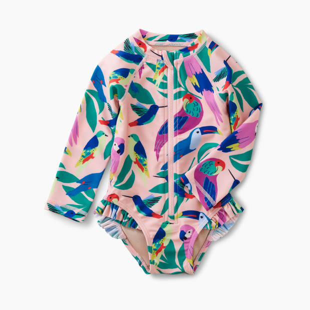 Tea Collection Rash Guard Swimsuit - Tropical Bird Flock In Pink, 3-6 Months.