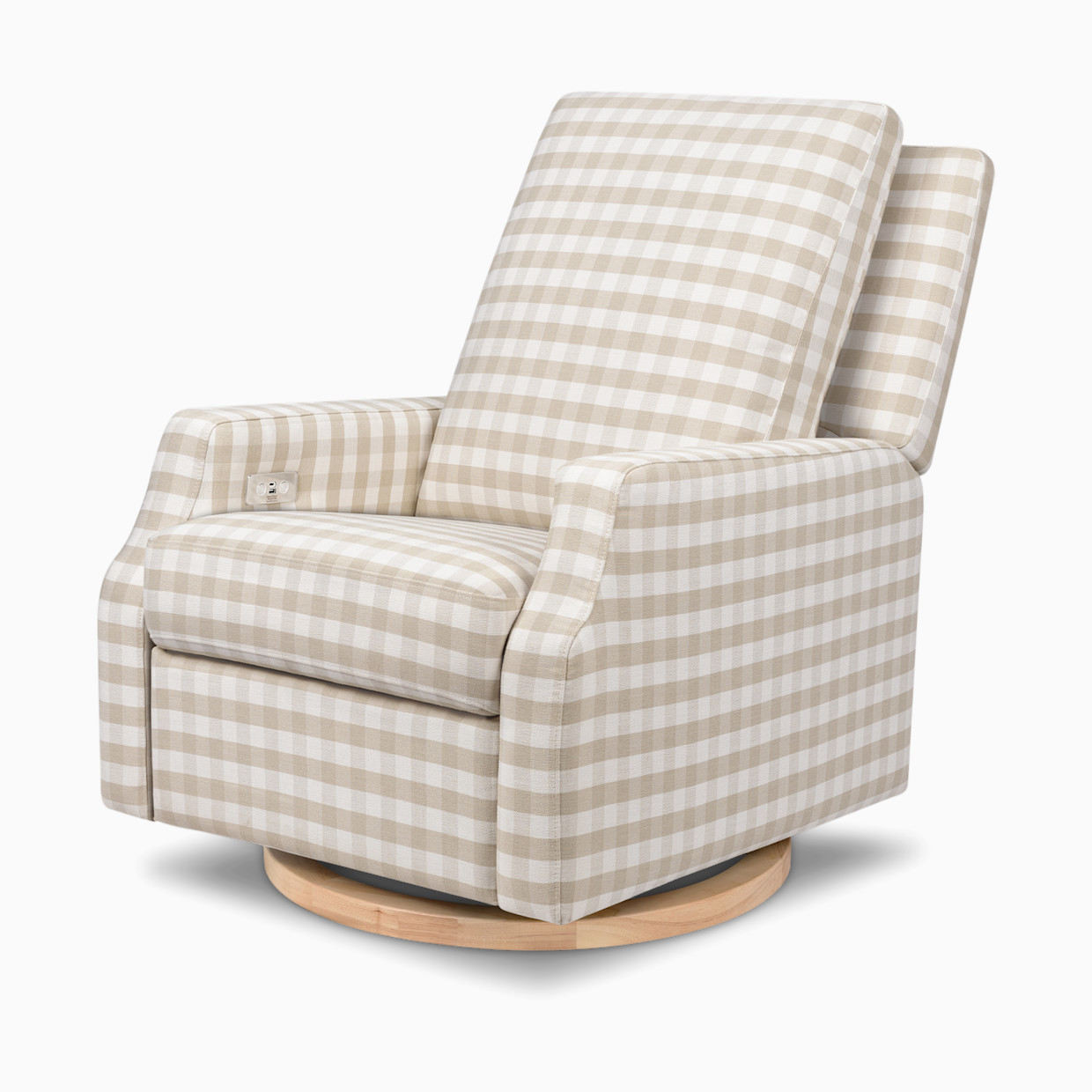 Namesake Crewe Electronic Recliner and Swivel Glider - Tan Gingham With Light Wood Base.