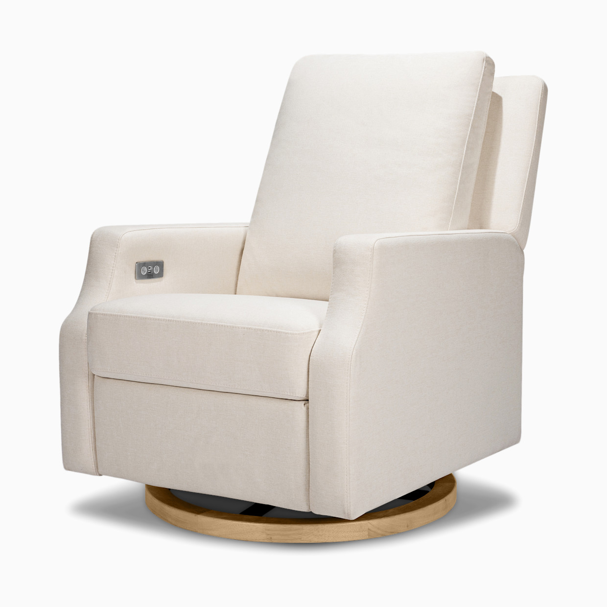 Namesake Crewe Electronic Recliner and Swivel Glider - Performance Cream Eco-Weave With Light Wood Base.