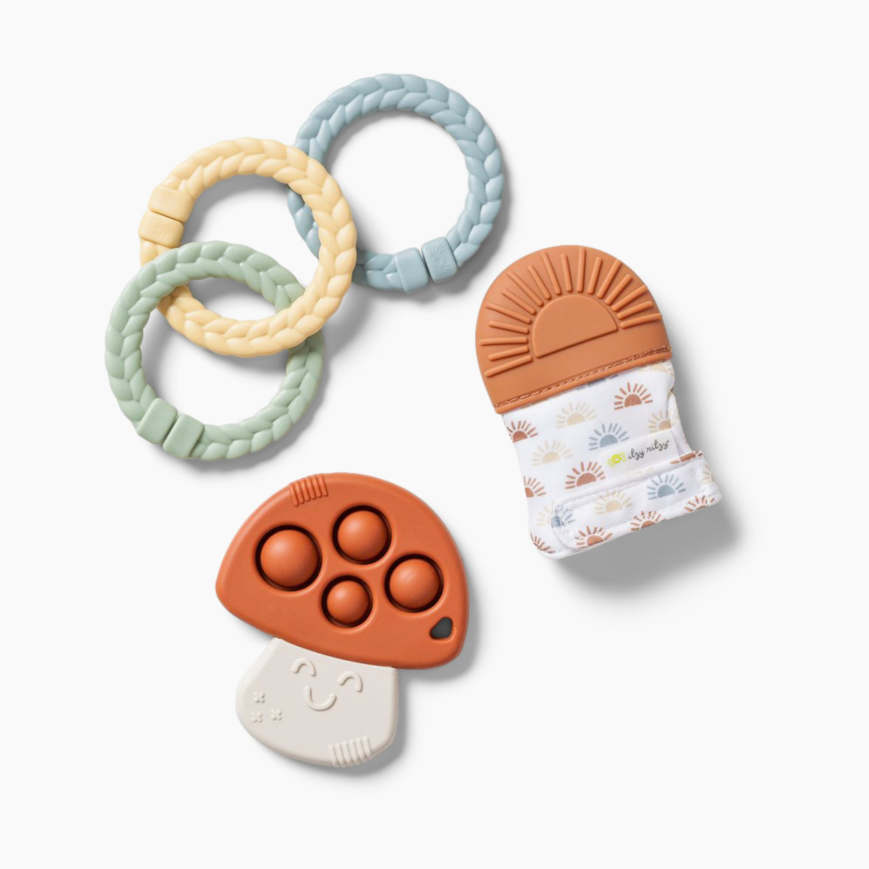 Itzy Ritzy Silicone Teething Mitt, Teether with Poppers and 3 Linking Rings - Sun & Mushroom.