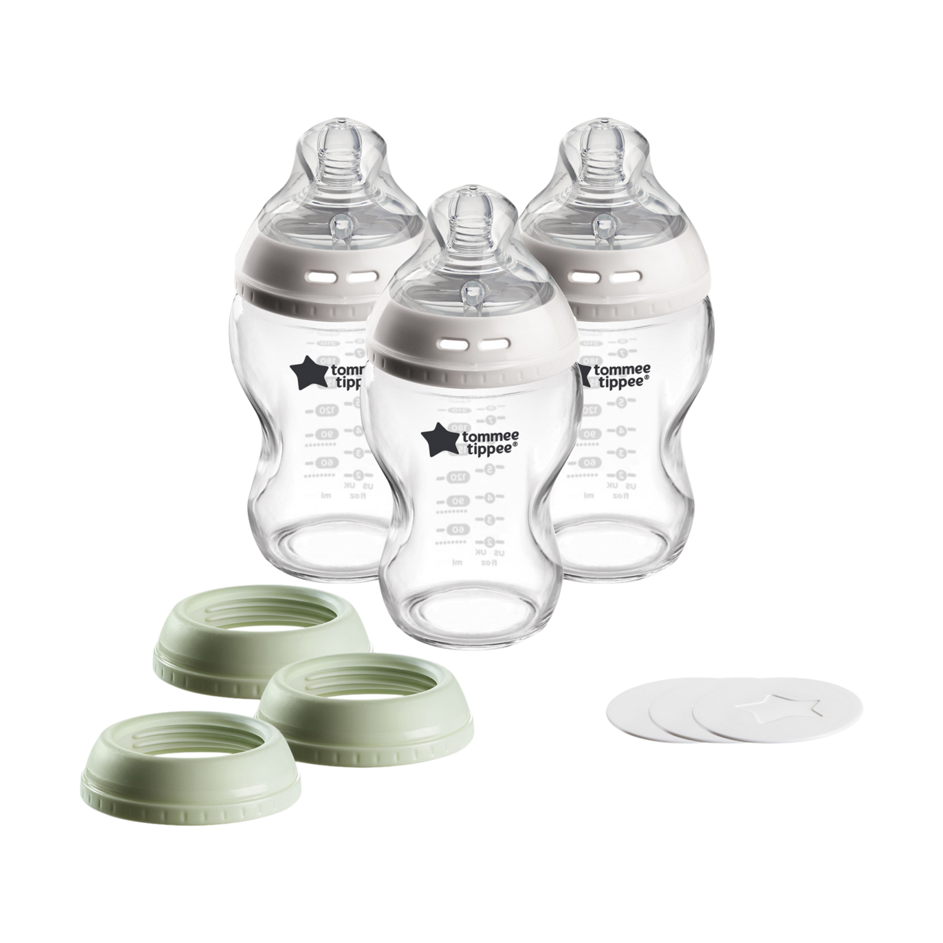 Tommee Tippee Natural Start 9 oz Glass Baby Bottles, Self Sterilizing, BPA & Phthalates Free, 0+ Months, Slow Flow Breast-Like Nipple for a Natural Latch, Travel Jar Lids, Cup Rings, Pack of 3