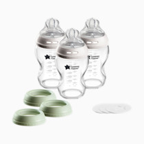 Tommee Tippee Natural Start 9 oz Glass Baby Bottles, Self Sterilizing, BPA & Phthalates Free, 0+ Months, Slow Flow Breast-Like Nipple for a Natural Latch, Travel Jar Lids, Cup Rings, Pack of 3